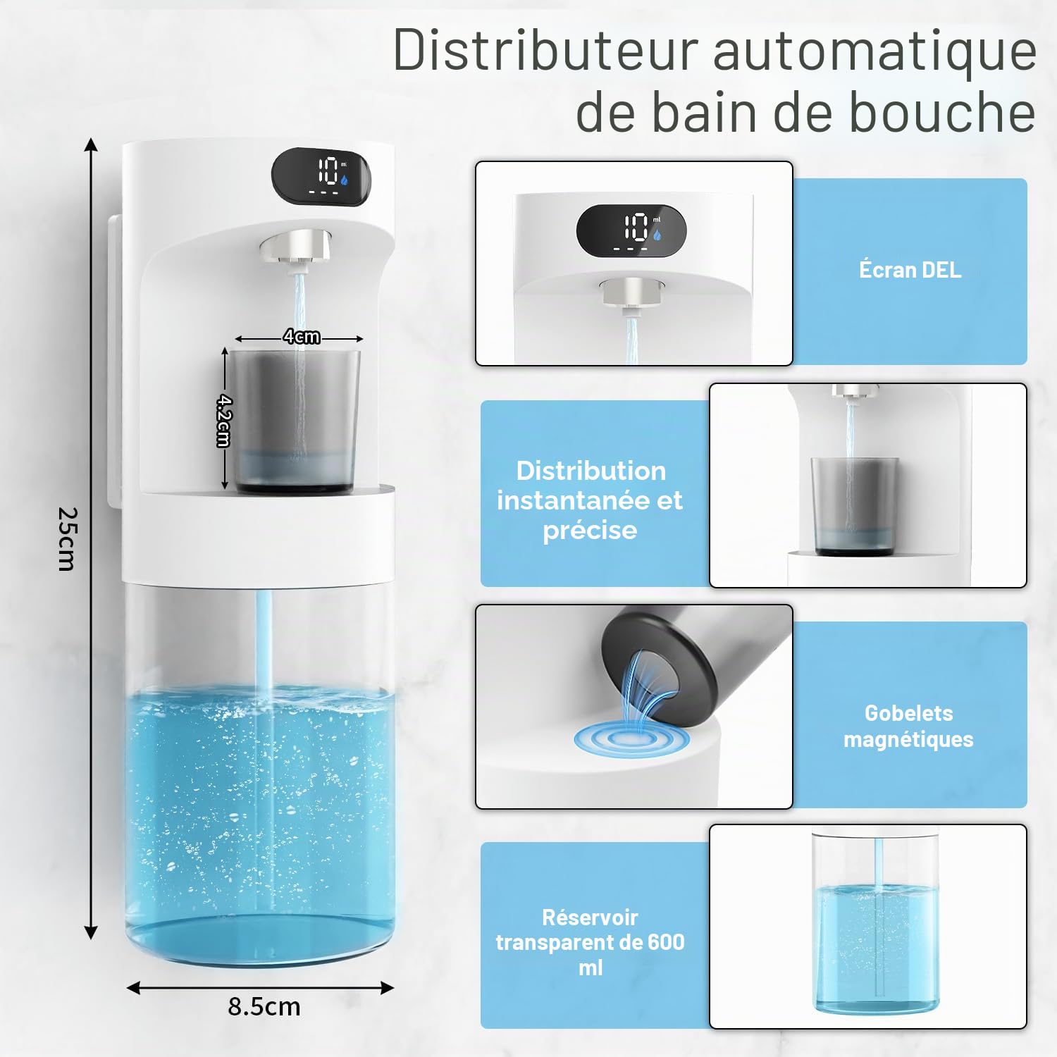 Dalugo Distributeur automatique de bain de bouche pour salle de bain, 600 ml, fixation murale sans contact, avec 2 gobelets magnétiques, distributeur de mouthwash blanc pour enfants et adultes
