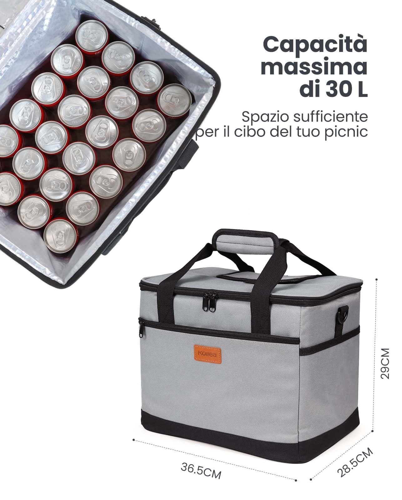 Kollea Borsa termica da 30 litri, borsa termica per il pranzo, mantiene caldo e freddo, a prova di perdite, con cinghie per il trasporto, tasche multiple, ideale per viaggi, campeggio, picnic,