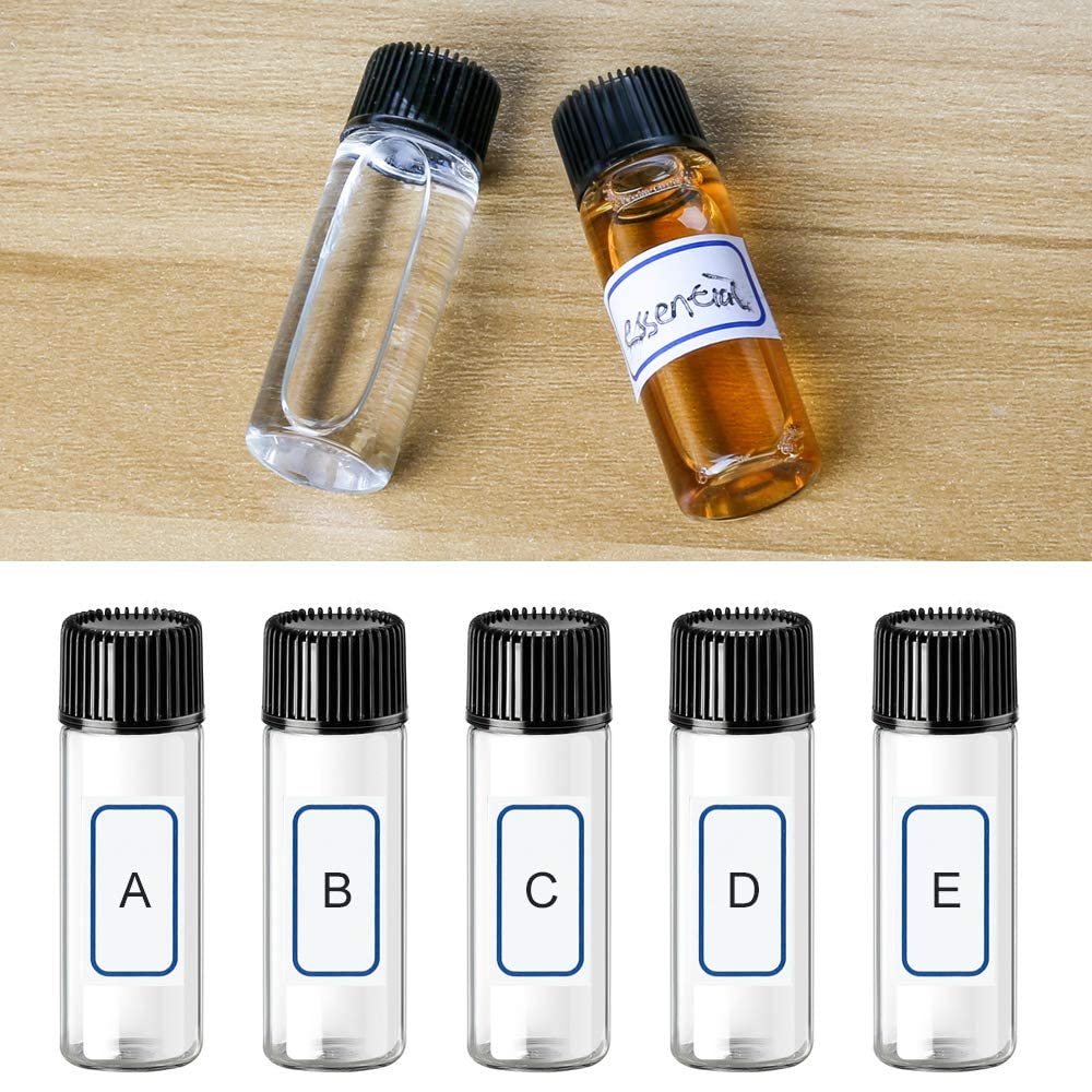 24 Piccola Bottiglie di Vetro Campione, 5ml Fiale di Vetro Trasparente, Essential Oil Sample Glass Bottle Vial con Tappo Nero a Vite in Plastica Contenitore