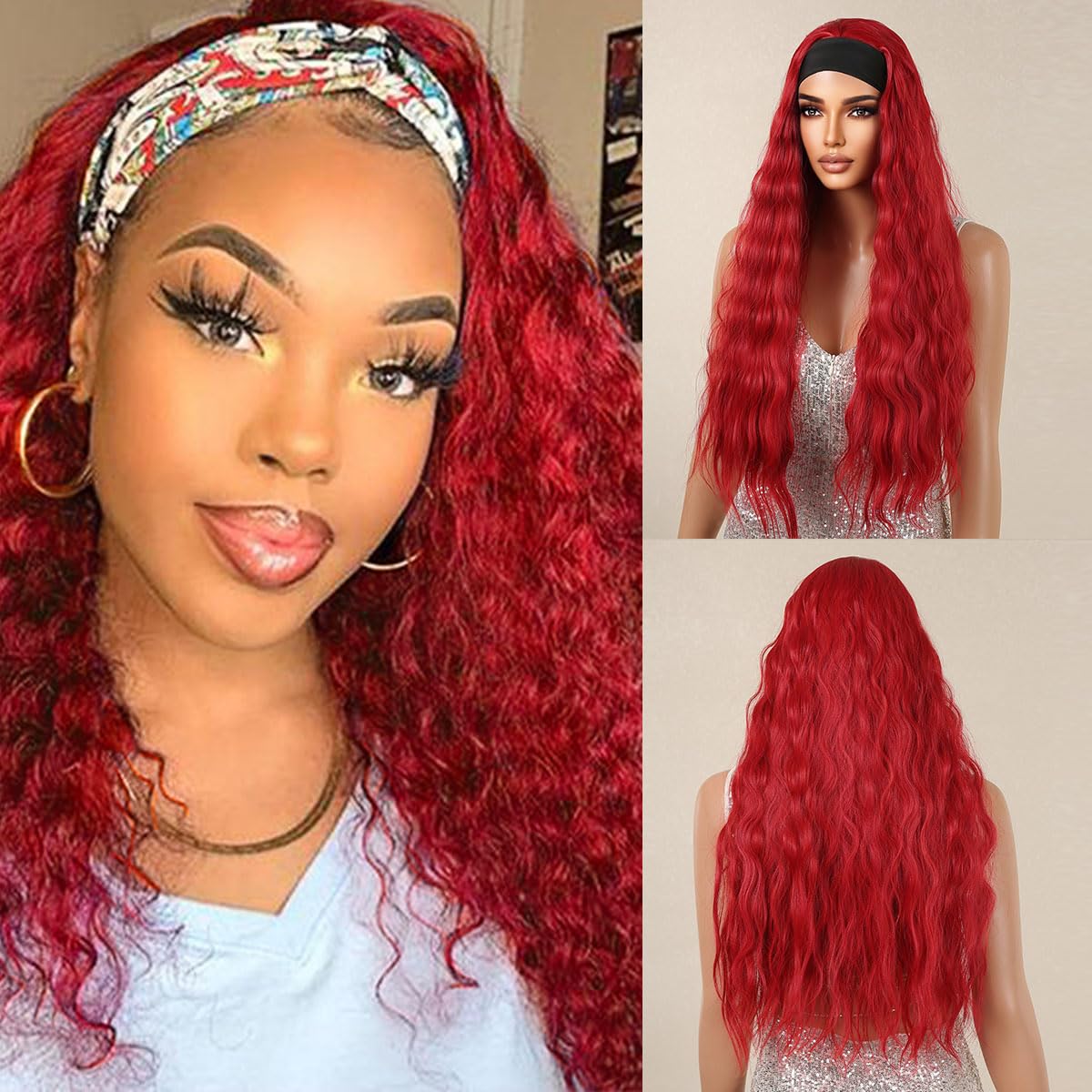 testar Headband Wig Deep Wave 26 Inch Wig Red Wigs For