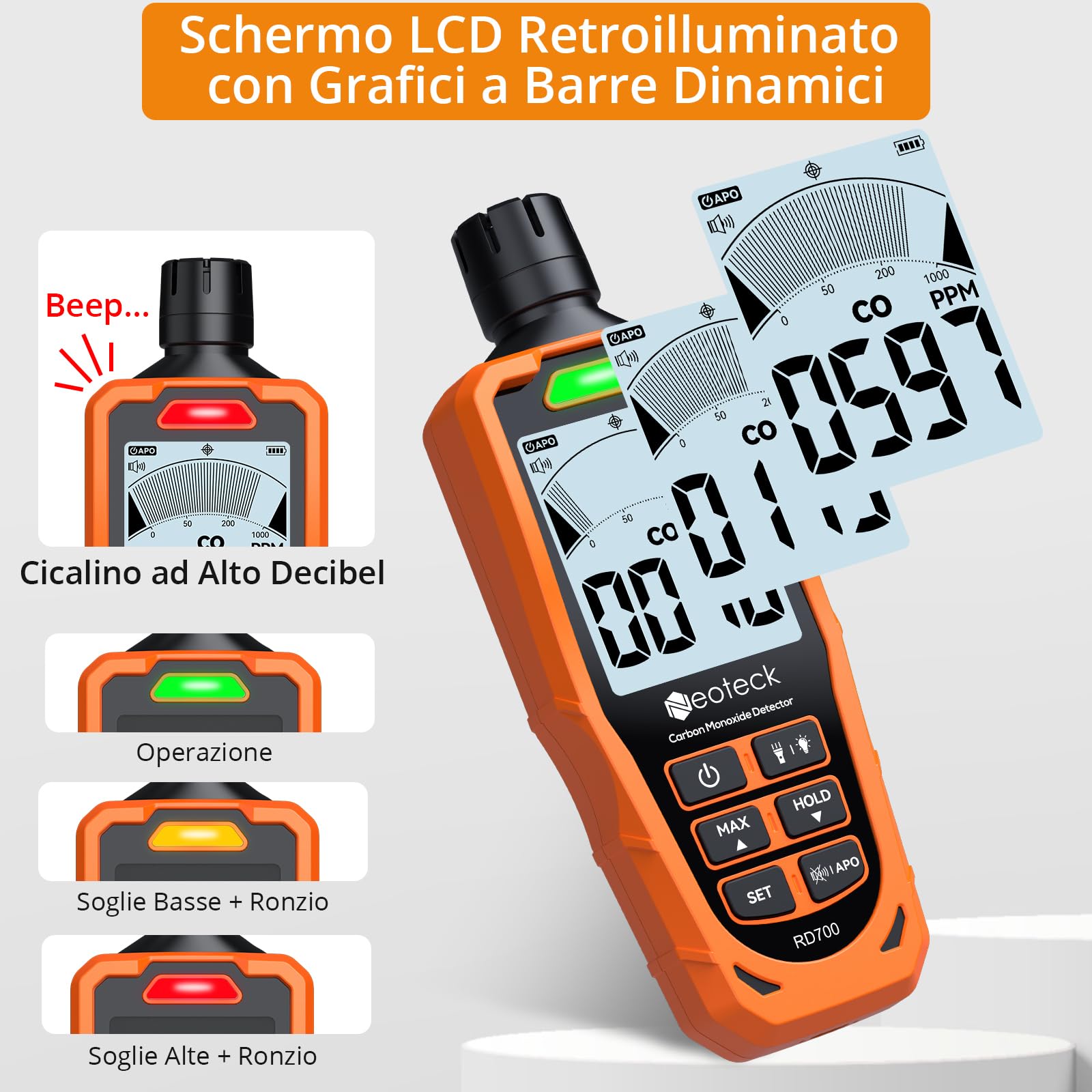 Neoteck Rivelatore Portatile di Monossido di Carbonio 1000 PPM (10% Precisione) CO Detector con Soglie Regolabili, Doppio Allarme Visivo/Acustico, Ricarica USB e Torcia per Casa, Camper e Viaggi