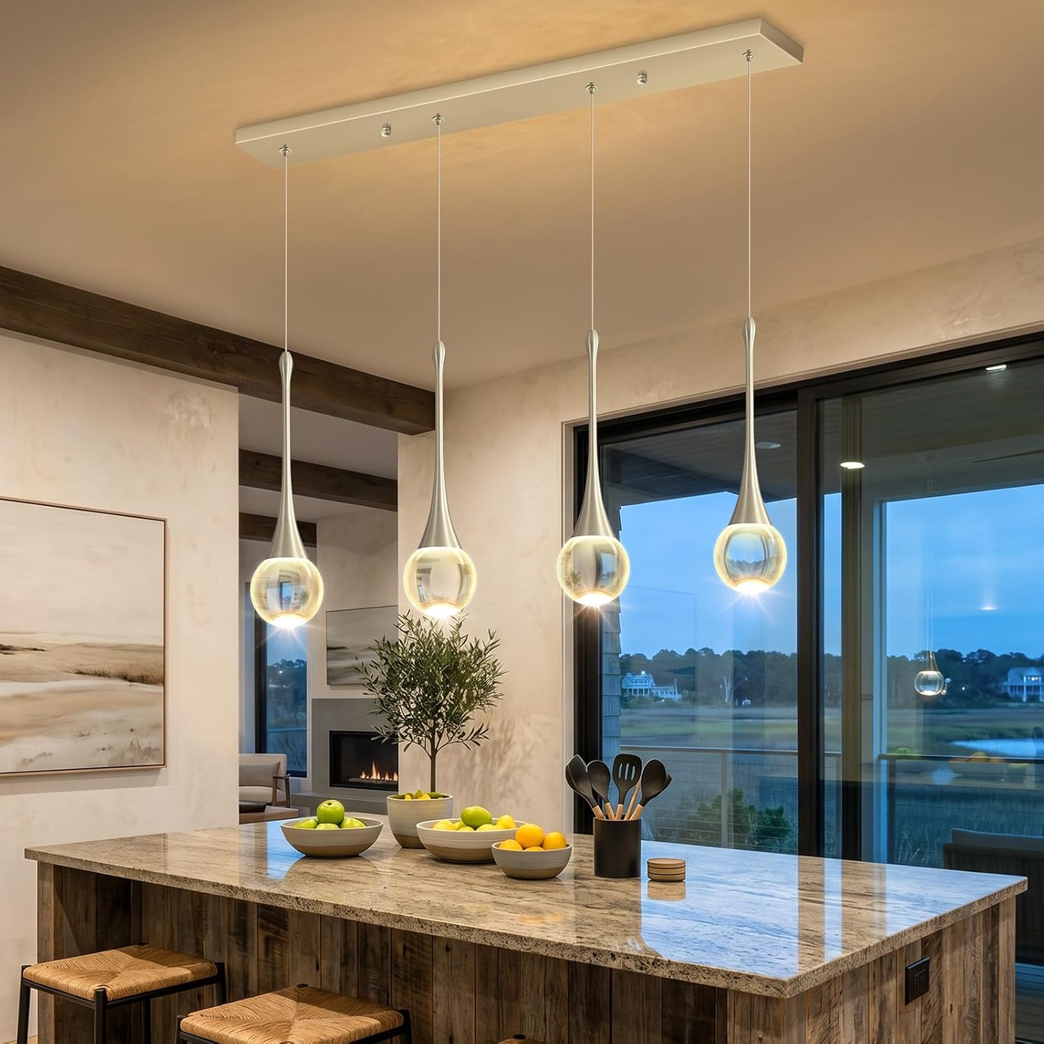 Rectangular Crystal Pendant Light for Kitchen Island 4 Light Dimmable Crystal Chandelier Lighting Fixtures with Remote for Dining Room Living Room Silver