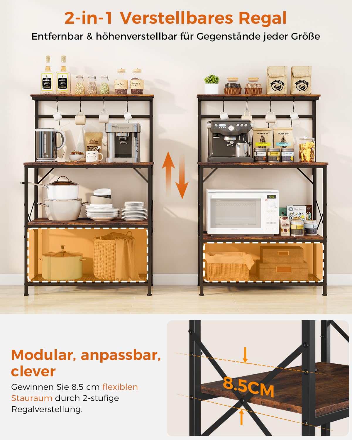 COMHOMA Regal, Küchenregal, Standregal, Mikrowellen Regal für Küche, Gewürzregal, Bücherregal mit Anti-Kipp-Schutz, Shrank mit 4 Ablagen, 8 S-Haken, Metallrahmen, Stahlrahmen, 80x40x126cm,Vintagebraun