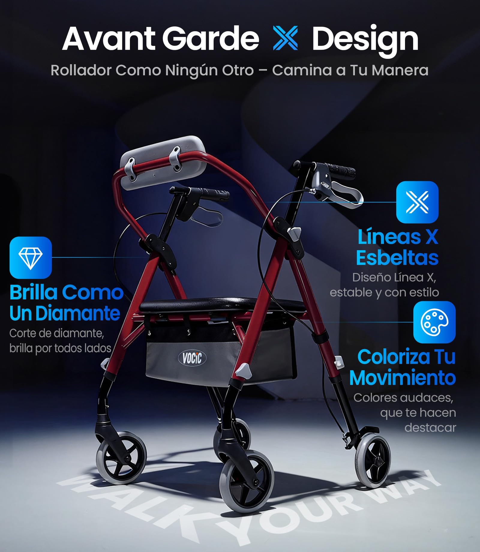VOCIC Andador plegable ligero con asiento, 6,3kg Ultraligero, Max 150 kg | andador para ancianos con ruedas, asiento ergonómico, altura regulable, Walker estrecho para apartamento & viajes, granate