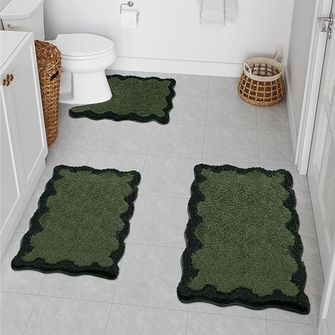Amazon.com: Uphome Scalloped 3 Piece Bathroom Rug Set Green Non-Slip Cute Bath Mat with U-Shaped ...