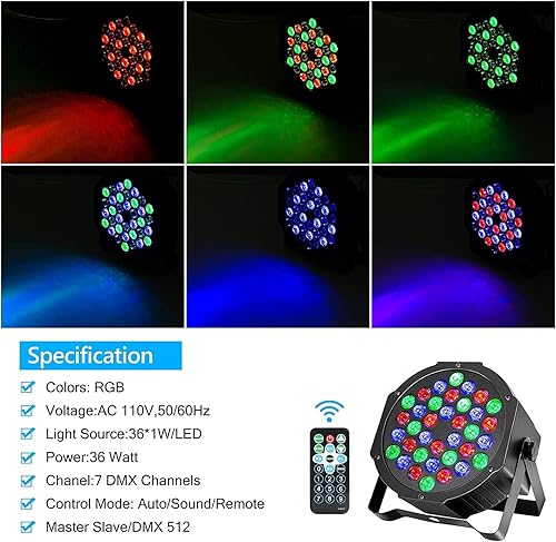 Miniatura 3 de Litake - Luces Par de DJ, RGB 36 LED, luces de escenario activadas por sonido, luces LED ascendentes controladas por control remoto y DMX, 7 modos