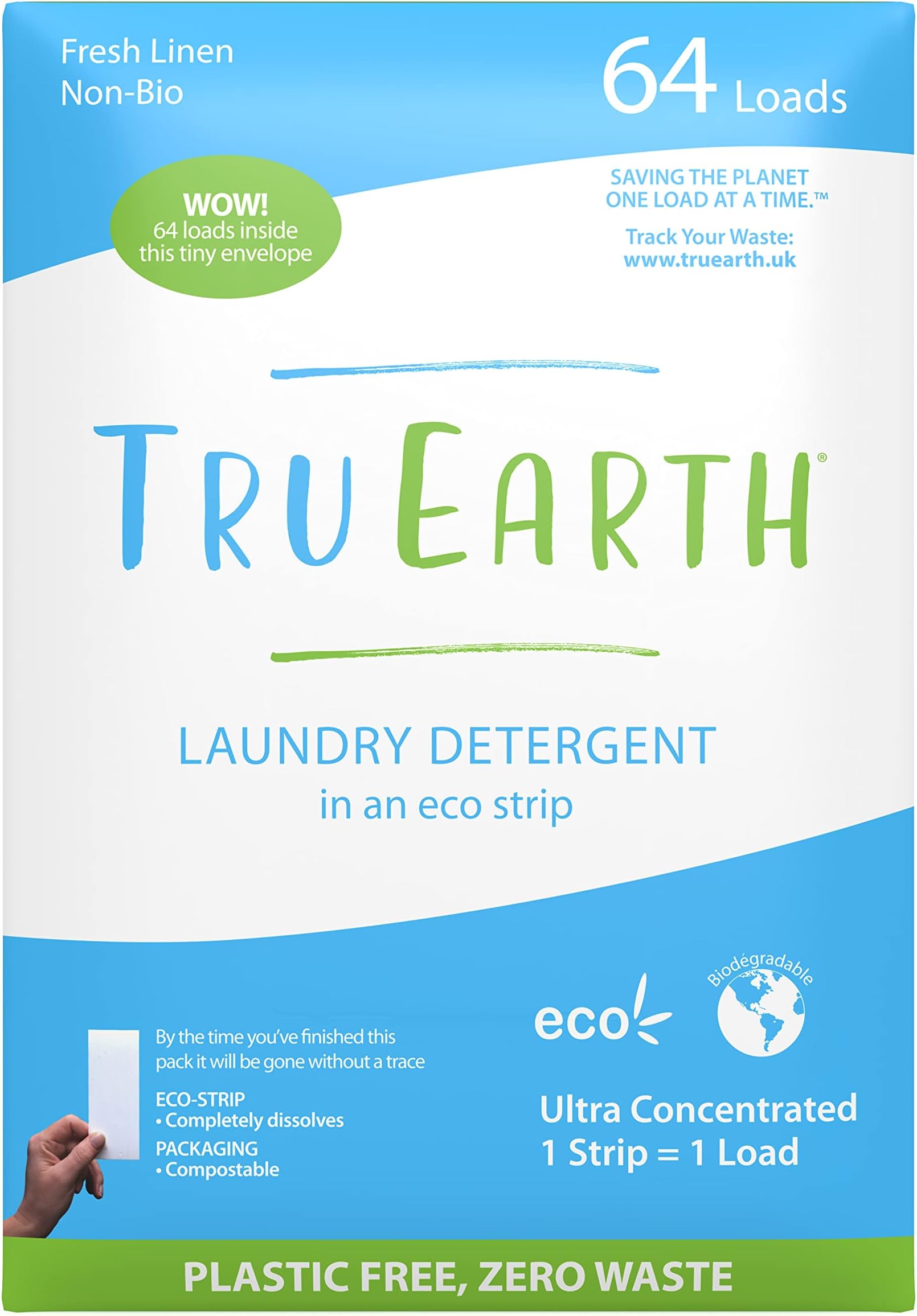 - Tru Earth Compact Dry Laundry Detergent - Up to 128 Loads (64 Sheets) - Paraben-Free - Original Eco-Strip Liquidless Detergent, Travel - Fresh Linen | Packaging May Vary