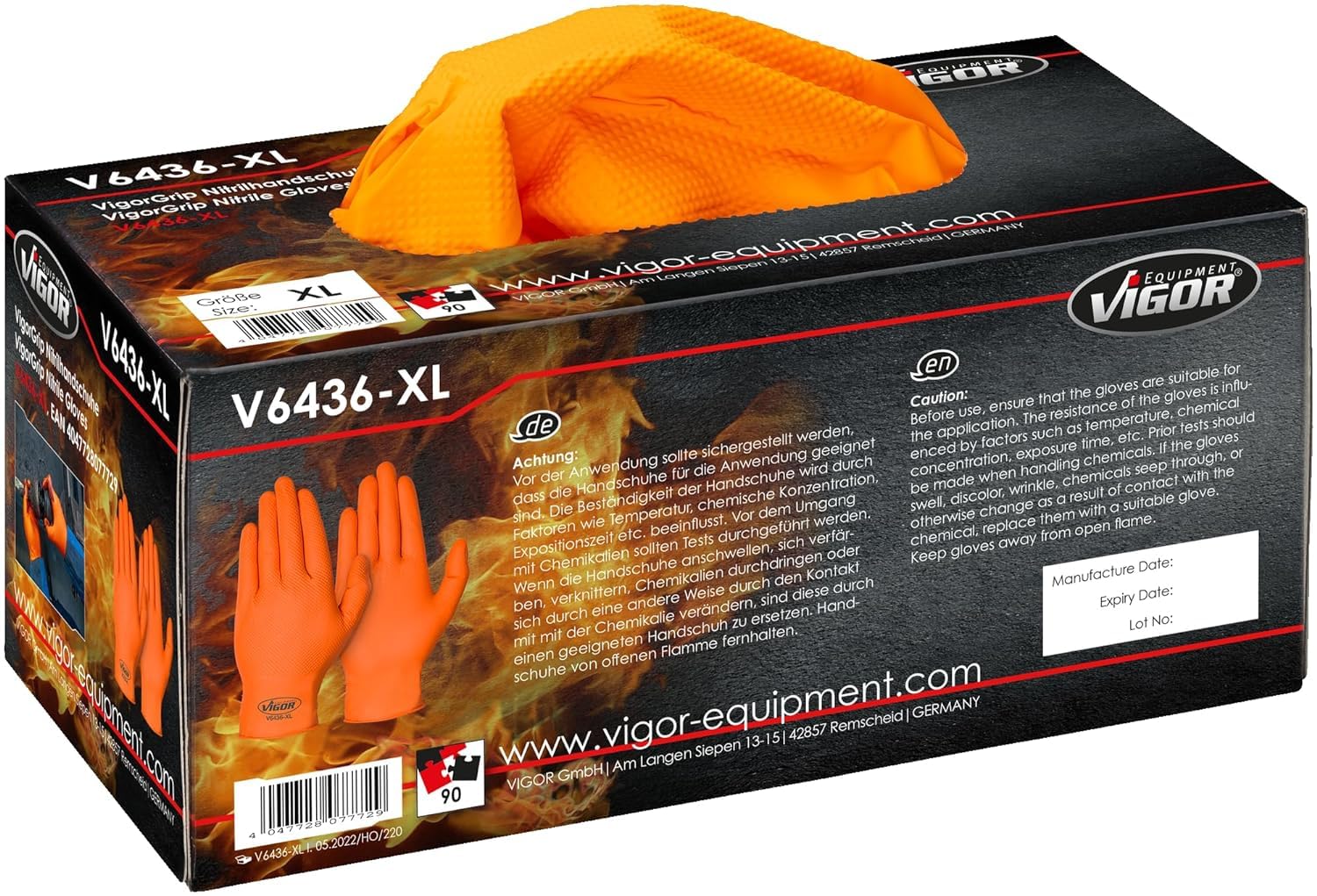 ViGOR Gants nitrile V6436-XL Paquet de 90 I Excellente adhérence, antidérapant même en présence d'huile, de graisse, de produits chimiques et de saleté I Gants pour écran tactile I Orange, taille 10