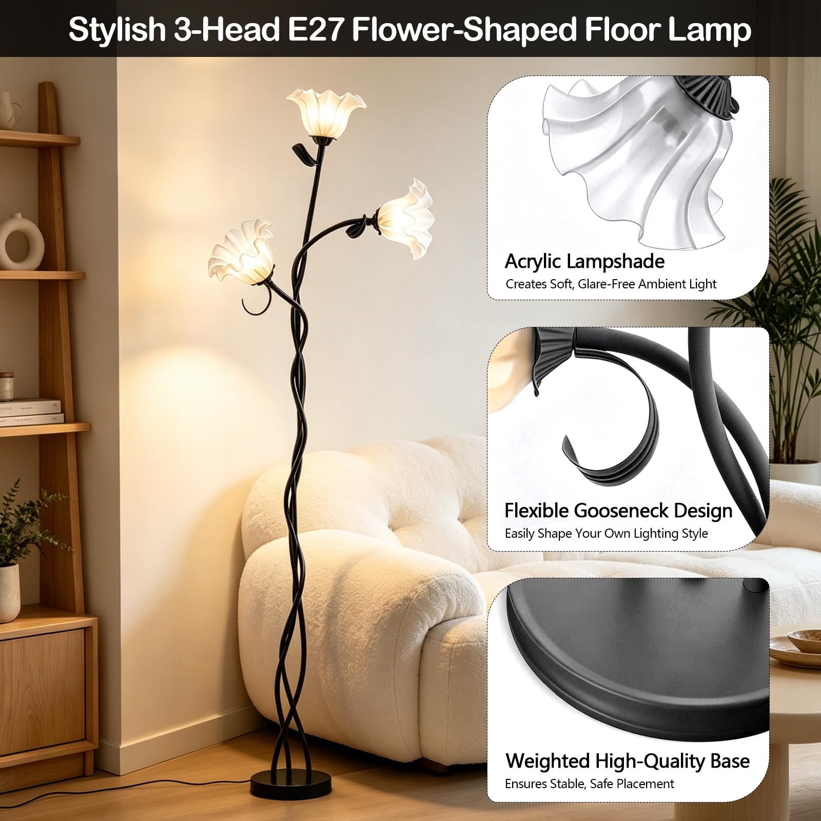 Blumen Stehlampe 157 cm mit Schwanenhals, Spirale & 3 Rosenköpfen