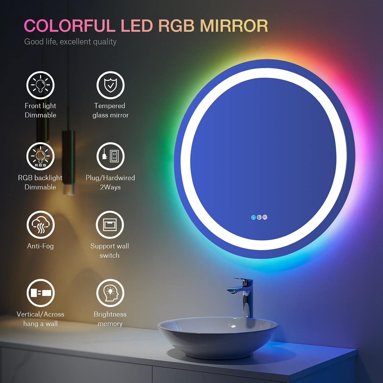 Amorho LED Bathroom Mirror with Lights 24 inch, Round Dimmable Vanity Mirrors for Wall, Front Lighted + RGB Backlit, Shatterproof Circle Makeup Mirror, Anti-Fog