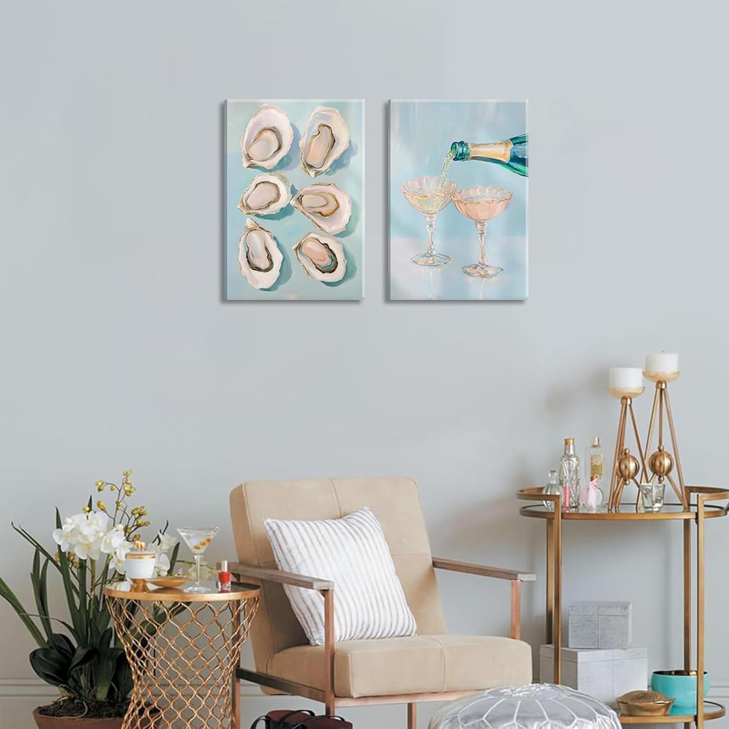 2Pcs Oyster Shell Canvas Wall Art Funky Bar Cart Cocktail Wall Decor Pictures Pastel Blue Wine Champagne Posters Print Girly Coastal Aesthetic Beach House Apartments Decoration 12x16in