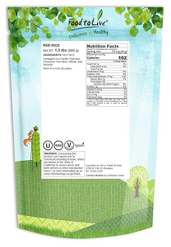 Miniatura 2 de Food to Live Arroz rojo, 1.5 libras, arroz entero, sabor a nuez, textura suave, antiadherente, vegano. Buena fuente de proteínas y antioxidantes.