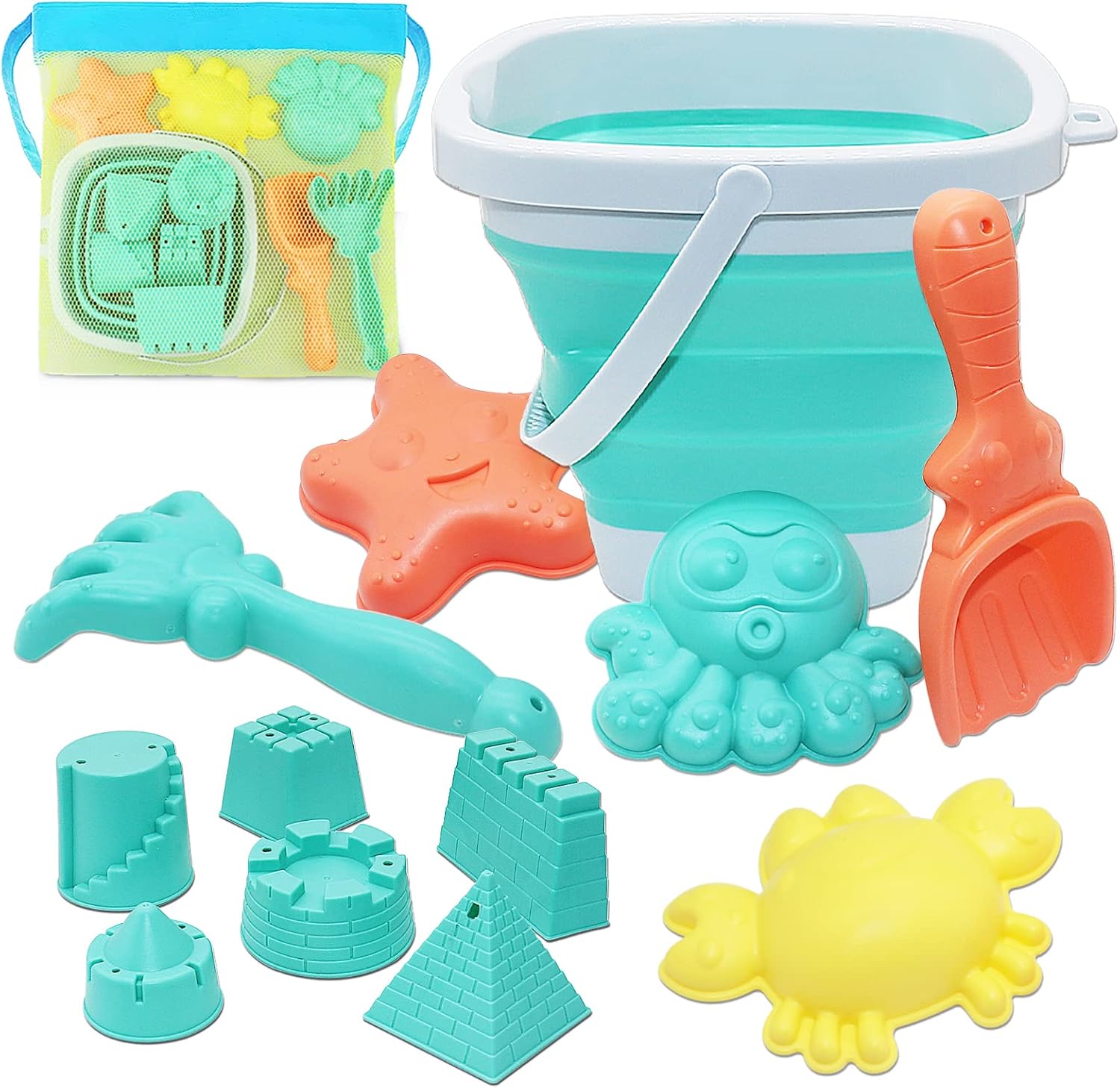 13pcs Beach Toy Set, Foldable Beach Bucket with Castle and Sea Animals