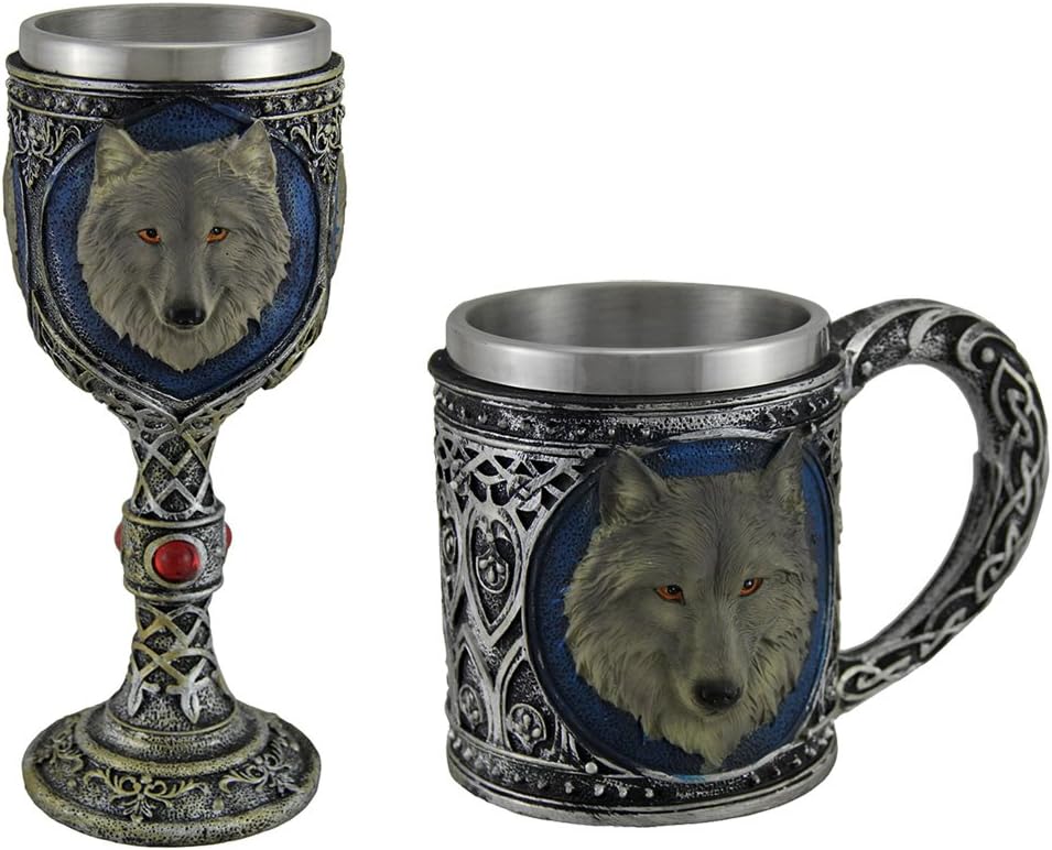 Grey Wolf Celtic Design Decorative Mug and Wine Goblet Set