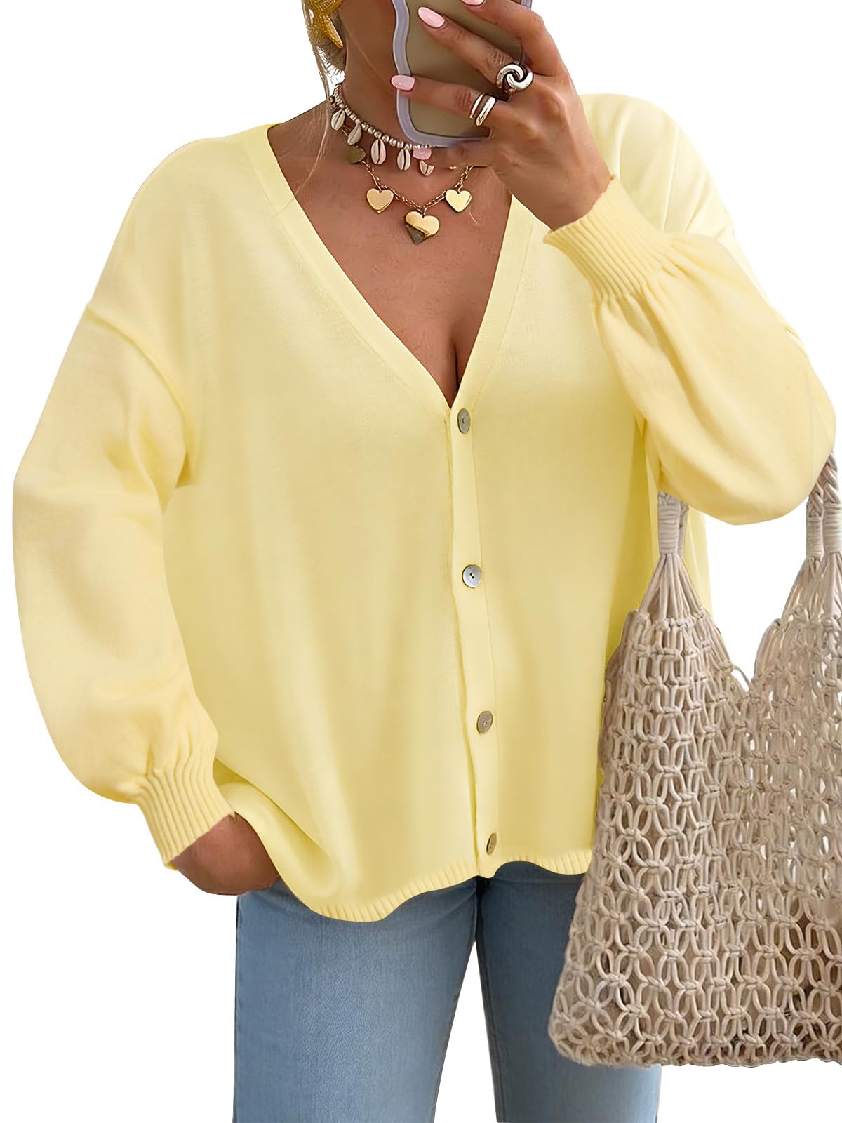 Cardigan Sweater for Women Long Lantern Sleeve Oversized Knit Outfits Lightweight Trendy Spring Tops 2026-image-10