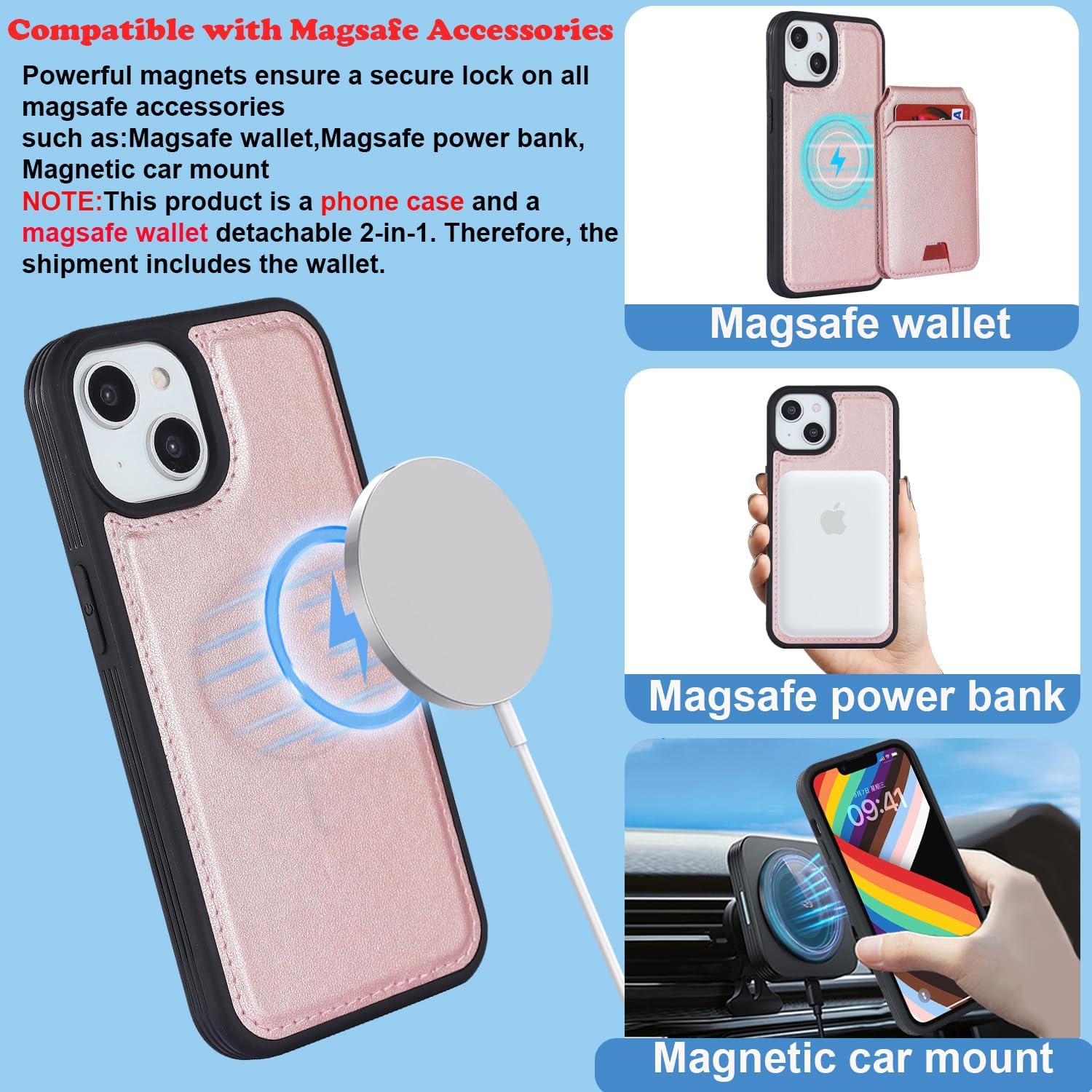 Ｈａｖａｙａ Case for iPhone 14 & iPhone 13 Case Wallet magsafe Compatible with Card Holder for Women Men 2 in 1 Detachable Magnetic Shockproof Phone Cover Stand Leather Credit Card Slots-Rose Gold