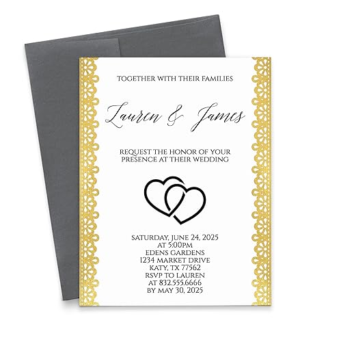 Personalized Gold Lace Wedding Invitations with Envelopes, Black and Gold Wedding Invitation Personalized Lace Wedding Invites, Elegant Marriage disponible en Yaxa Venezuela