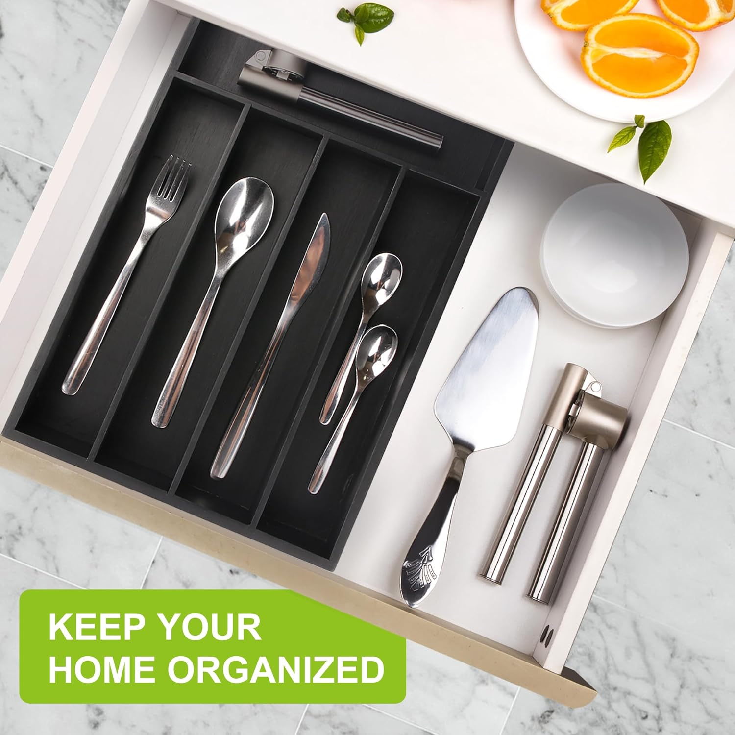 Black Bamboo Drawer Organizer with Five Compartments