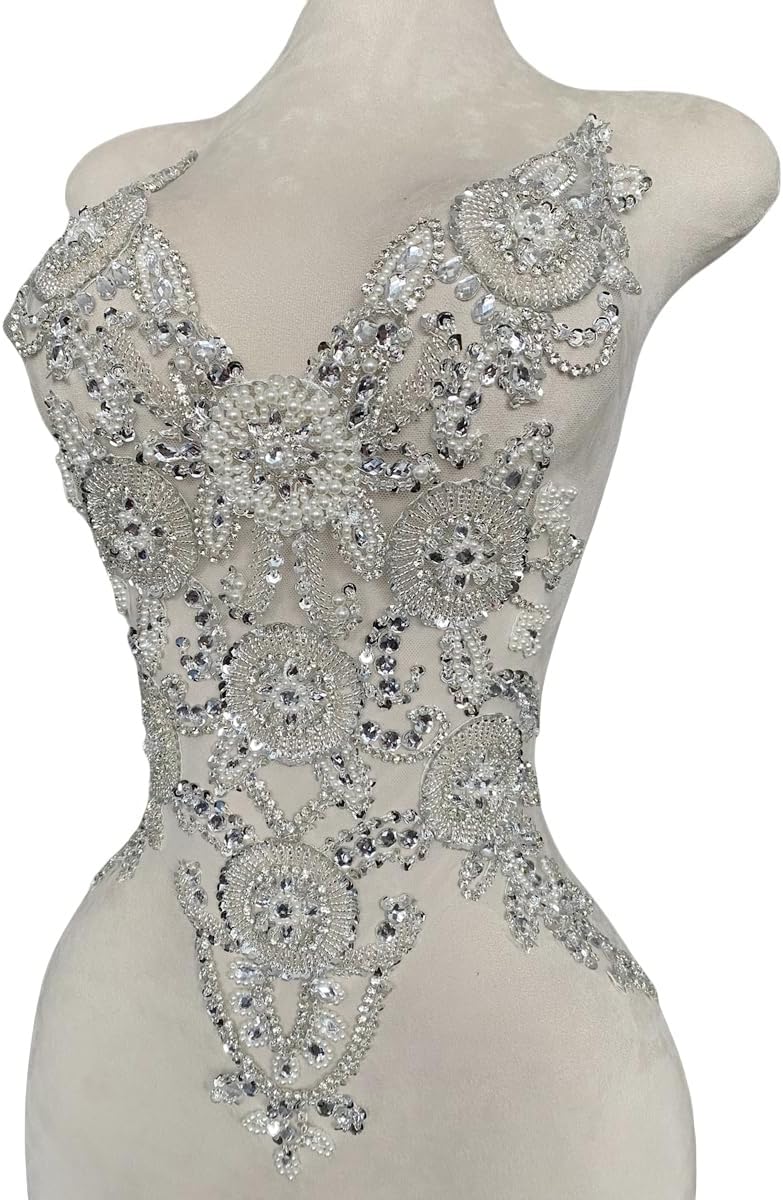 Pure Handmade Bodice lace Rhinestones Applique Sewing Stones Beads Crystal Trimming Patches Accessories for Girl Weding Dress Decorations 12.5X21inches (Silver)