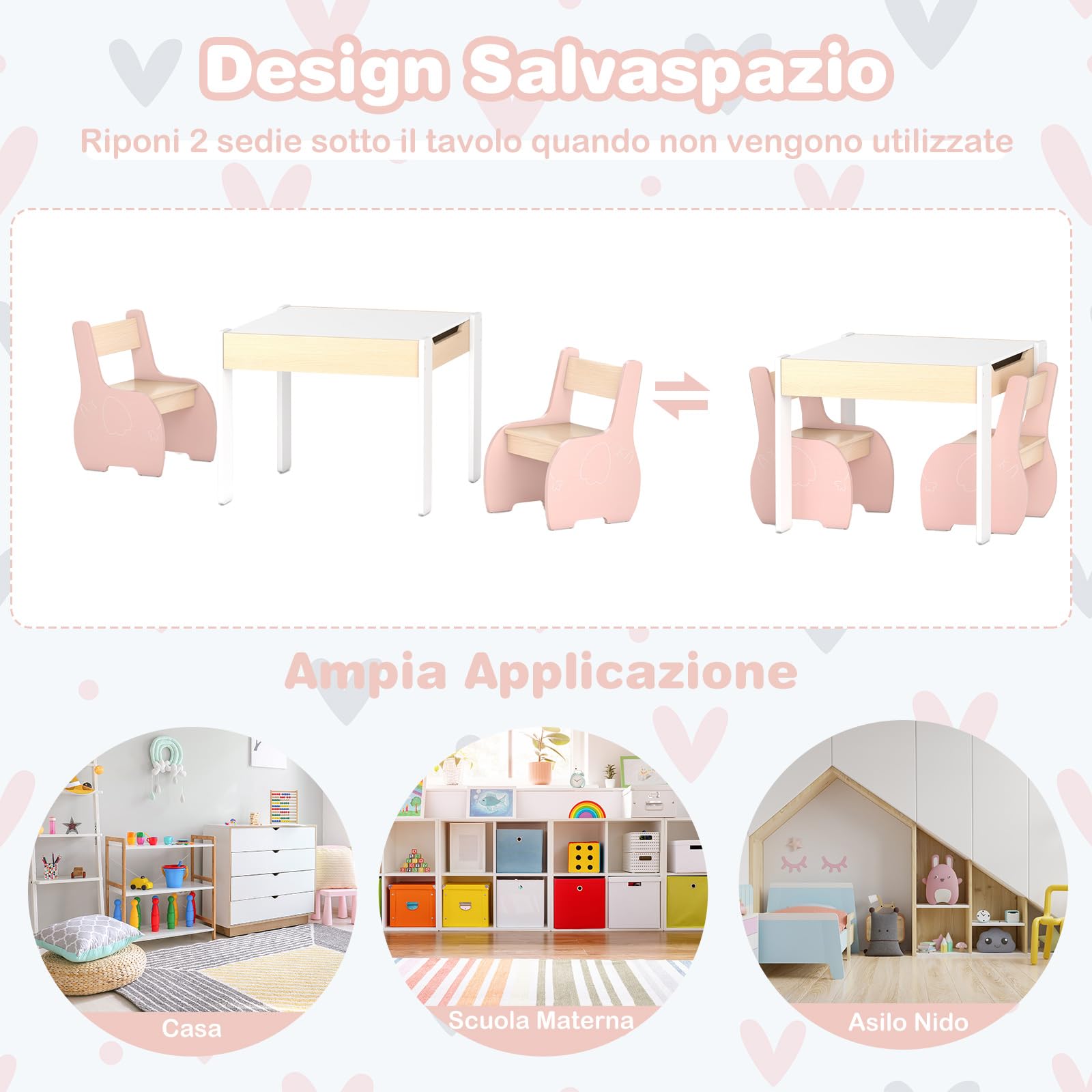 COSTWAY 3 in 1 Set Tavolo e Sedie per Bambini, Tavolo da Attività per Bambini con 2 Sedie, Lavagna Rimovibile e Deposito, per Giocare, Disegnare e Leggere, in Legno (Rosa)