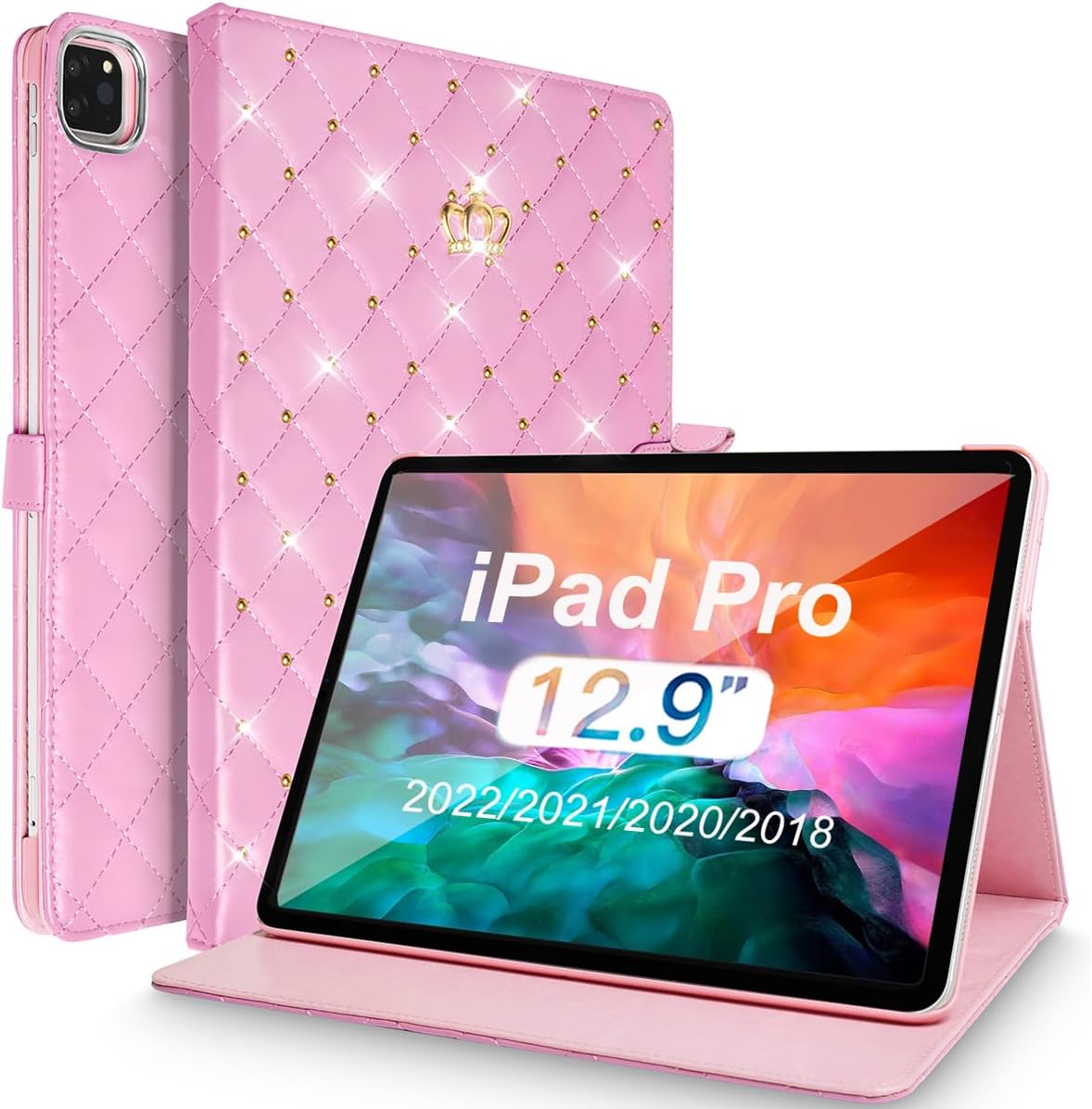 for iPad Pro 12.9 inch 6th/5th/4th/3rd Case (2022/2021/2020/2018), Girly Woman Cute Crown Elegant PU Leather Bling Diamond Smart Auto Wake/Sleep Kickstand Flip Cover for iPad Pro 12.9 (White)