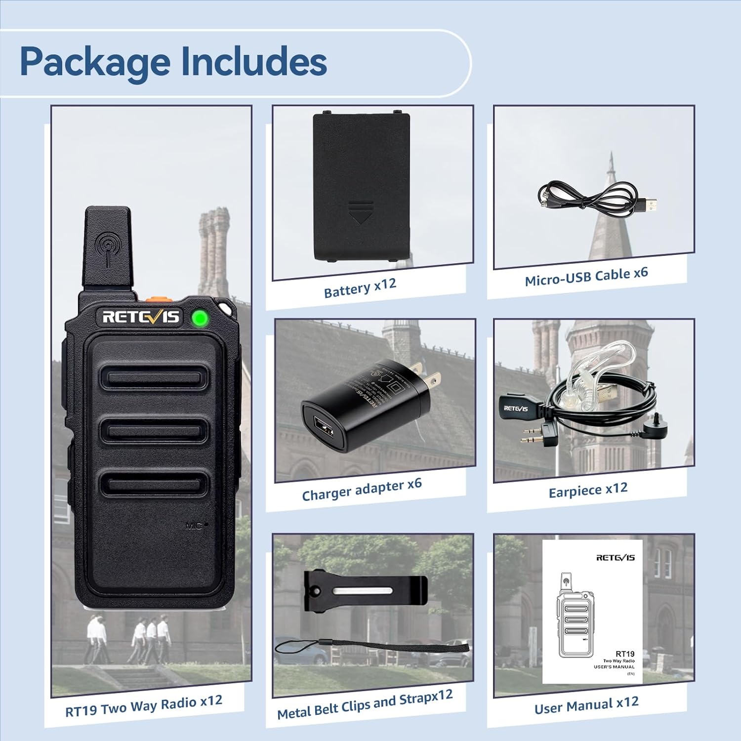 Contents of the Retevis RT19 package laid out