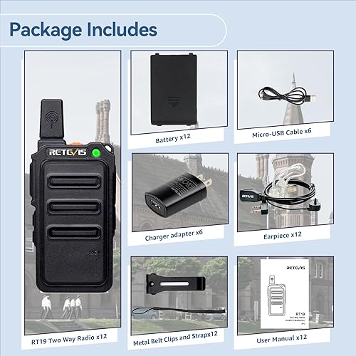 Miniatura 9 de Retevis RT19 Walkie Talkies con audífonos, mini radio bidireccional recargable, 0.7 pulgadas de grosor, clip de metal, para adultos, comerciales,