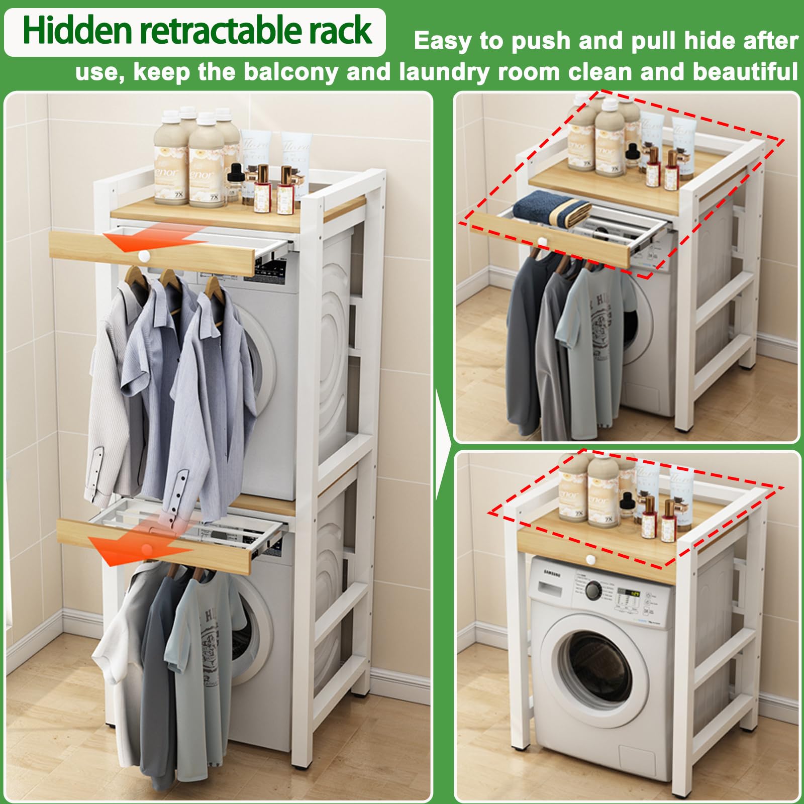 Mueble Lavadora Secadora Mueble para Lavadora Altura Con tendedero oculto Altura ajustable Mueble Lavadora Secadora Vertical Capacidad de 200kg Estantería Lavadora sin Montaje en Pared white 1-Tiers