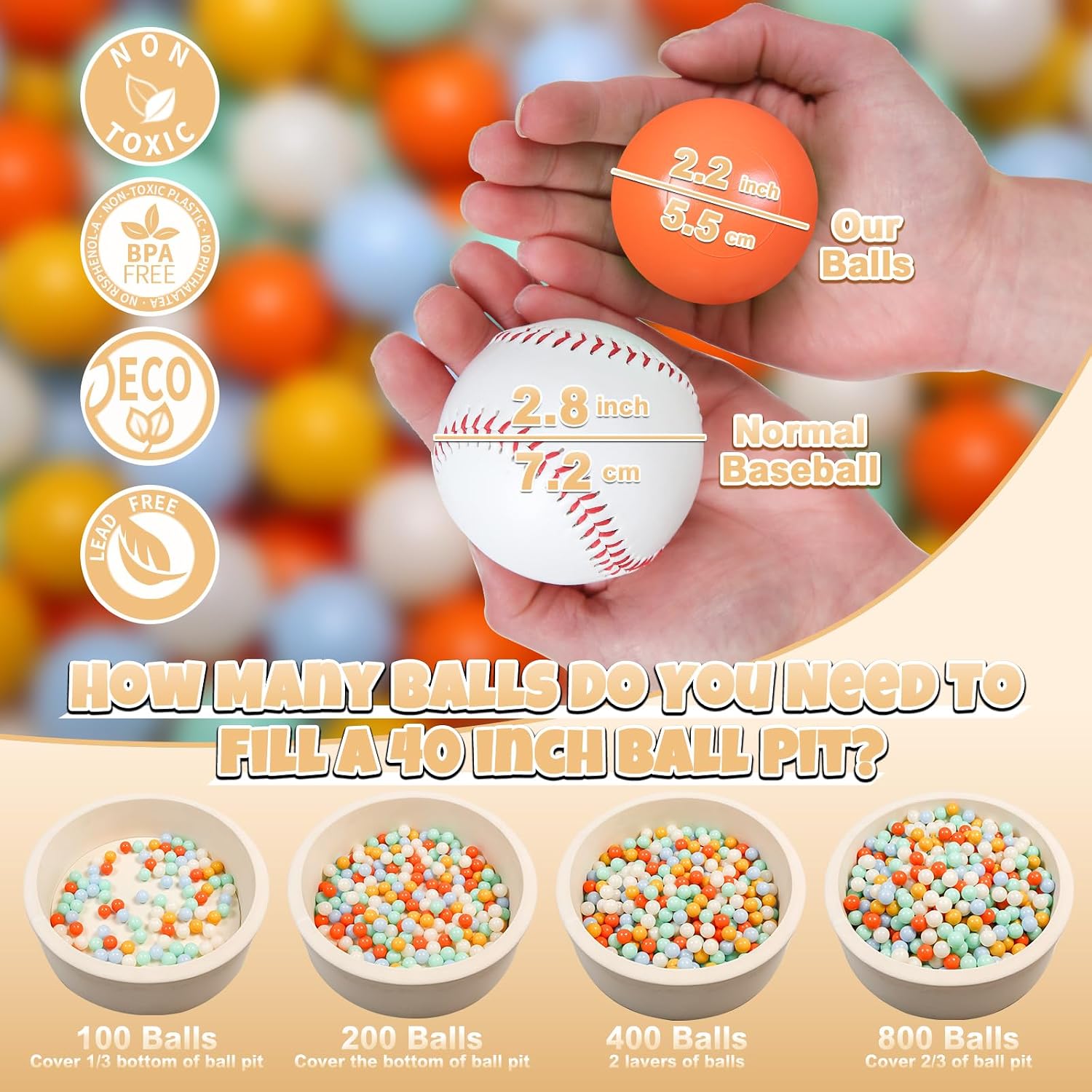 GOGOSO Cream Ball Pit Balls 100 Balls, 2.2 Inch Ball Pool Balls for Baby Fun Toys, Different Shaped for Toddler Ball Pit, Boys Girl Kids Birthday, Tent,Slides