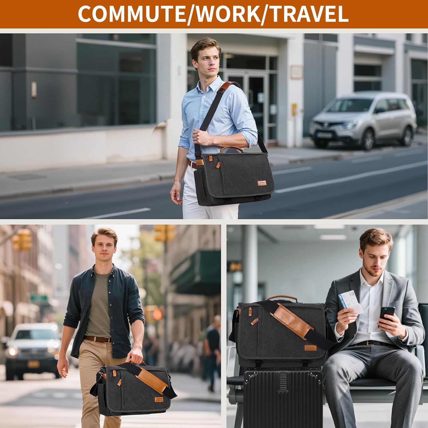 ESTARER Messenger Bag 17-17.3 Inch, Men's Computer Satchel Water-resistant Canvas, Teacher Laptop Briefcase for Work Office College, Dark Grey - Image 2