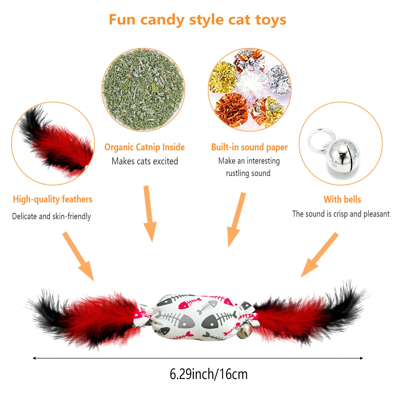 jiuhao Candy Feather Bell Cat Toys,Indoor Cat Toys 4-Pack with Feathers Jingle Toy Kitten Play Kick Bite Chew Interactive Boredom Toy - Image 2