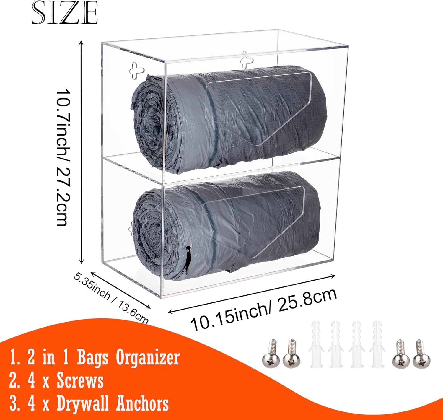 Trash Bag Dispenser with 2 Compartment, Wall Mounted Double Garbage Bag Dispenser Roll Holder Under Sink for Kitchen Cabinet - Acrylic Trash Bag Organizer Dispenser, Clear