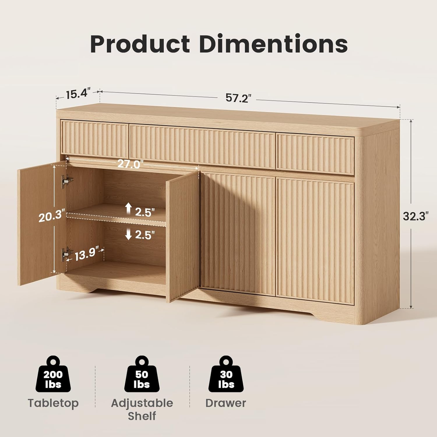57'' Fluted Buffet Cabinet with Storage, Modern Sideboard Credenza with 3 Drawers, 4 Doors & Adjustable Shelves, Wood Buffet Table Coffee Bar Cabinet for Kitchen, Living Room, Natural Oak