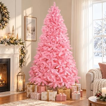 Martina 6.5ft Pink Christmas Tree Prelit with 978 Branch Tips, 450 Warm Lights and Metal Stand, 47" Wide Realistic Artificial Christmas Tree with Lights by Naomi Home