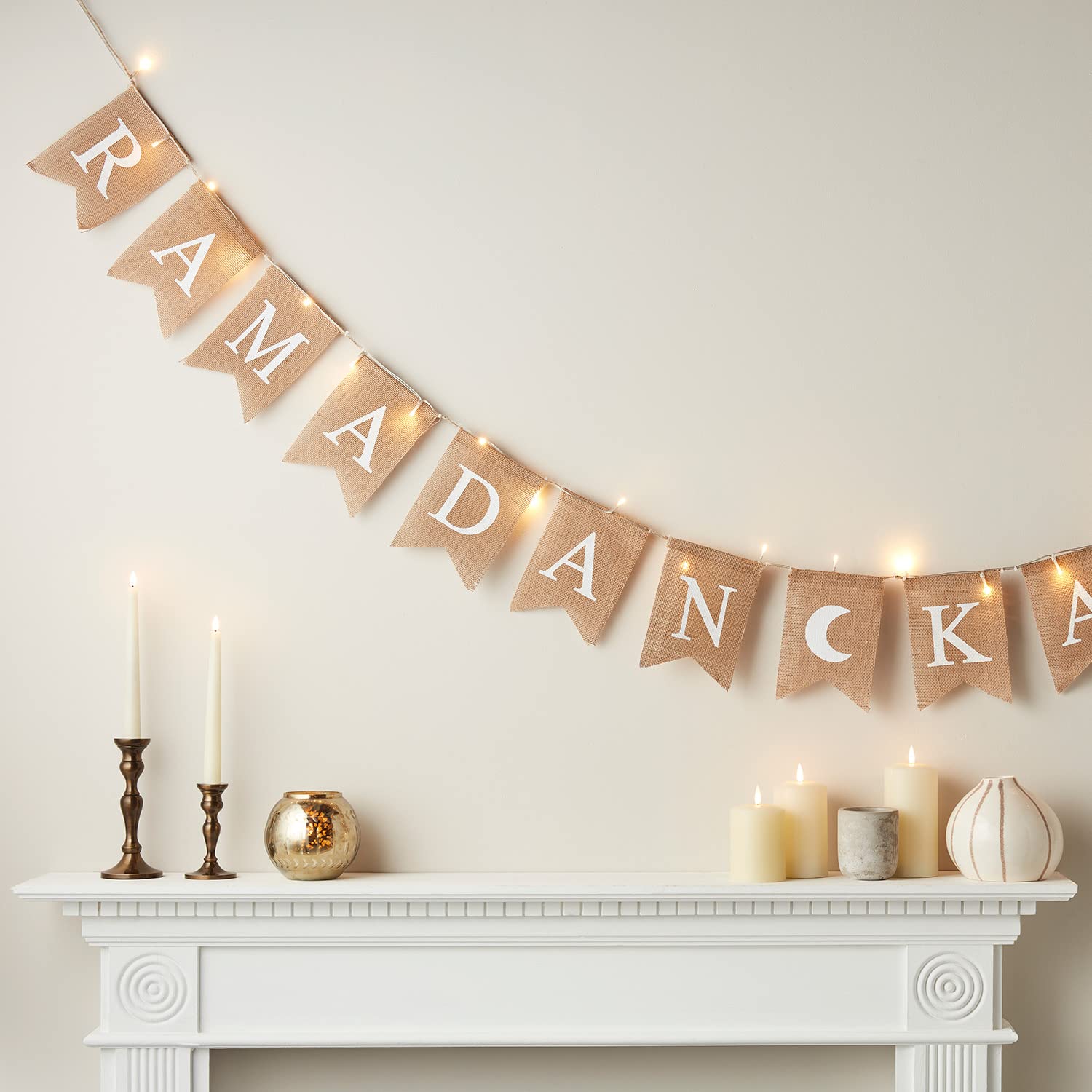 Banderas de Yute para Ramadán con luces LED, el adorno interior perfecto para celebrar en familia