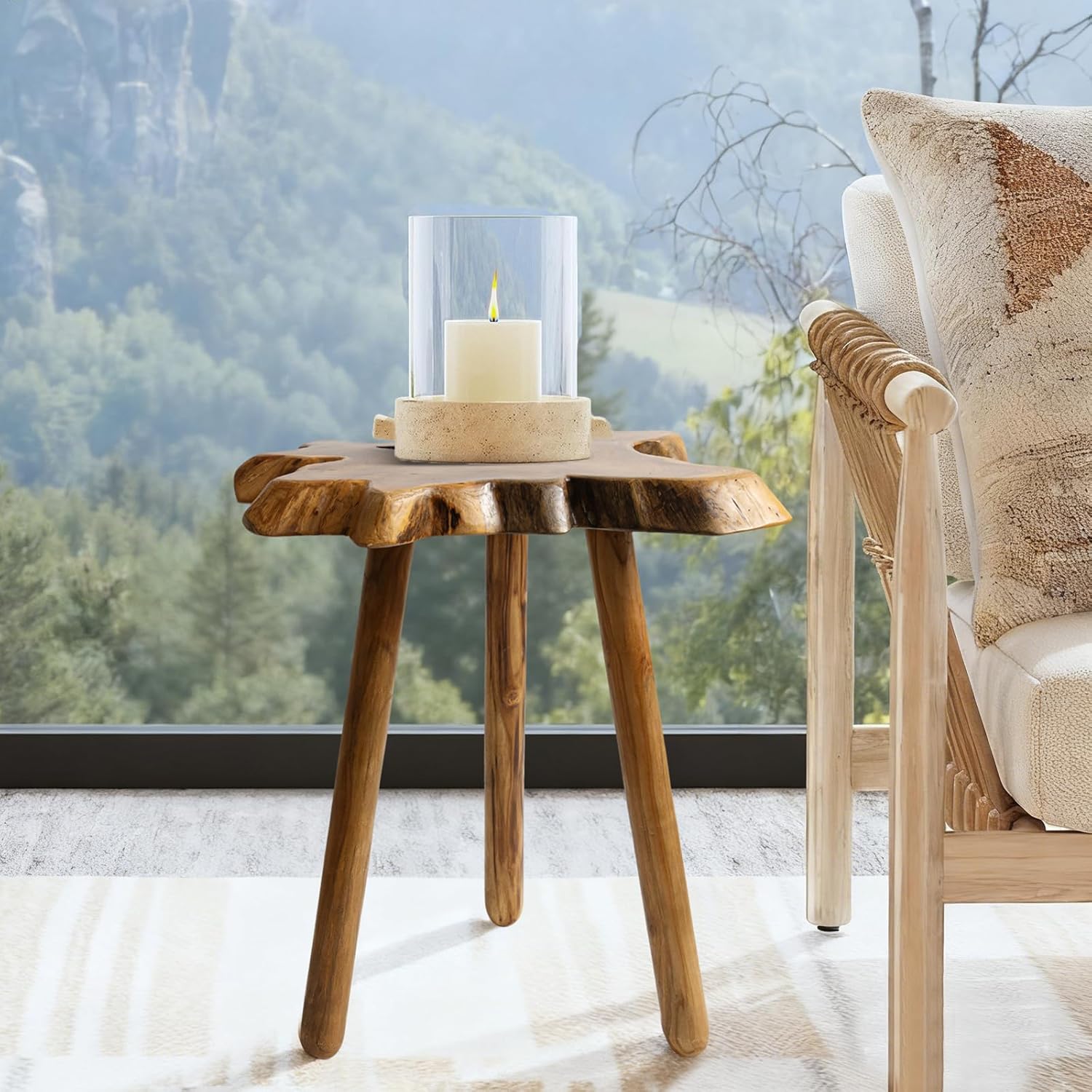 Natural Teak Wood Live Edge Side Table with Wood Legs – Rustic Side Table for Living Room, Bedroom – Sturdy Real Teak Wood End Table, Easy to Assemble (18" x 20" x 20")