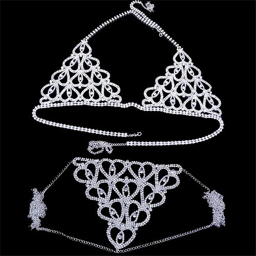 Sexy Diamond Chest Chain Bra Panties Sparkly Rhinestone Body Chain Crystal Bikini Chest Jewelry Lingerie Woman Nightclub Clothing - Silver
