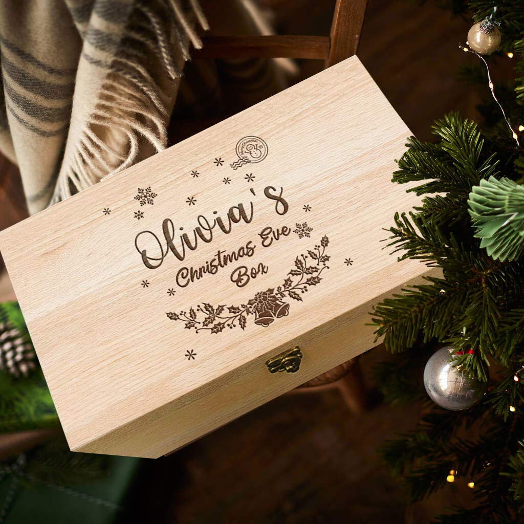 Edsg Bells And Mistletoe Personalised Christmas Eve Gift Box | Heavy Beech Christmas Boxes For Children | Wooden Christmas Eve Box | Engraved Christmas Eve Box | Gift From Santa,Santa Surprise(Bells And Mistletoe)