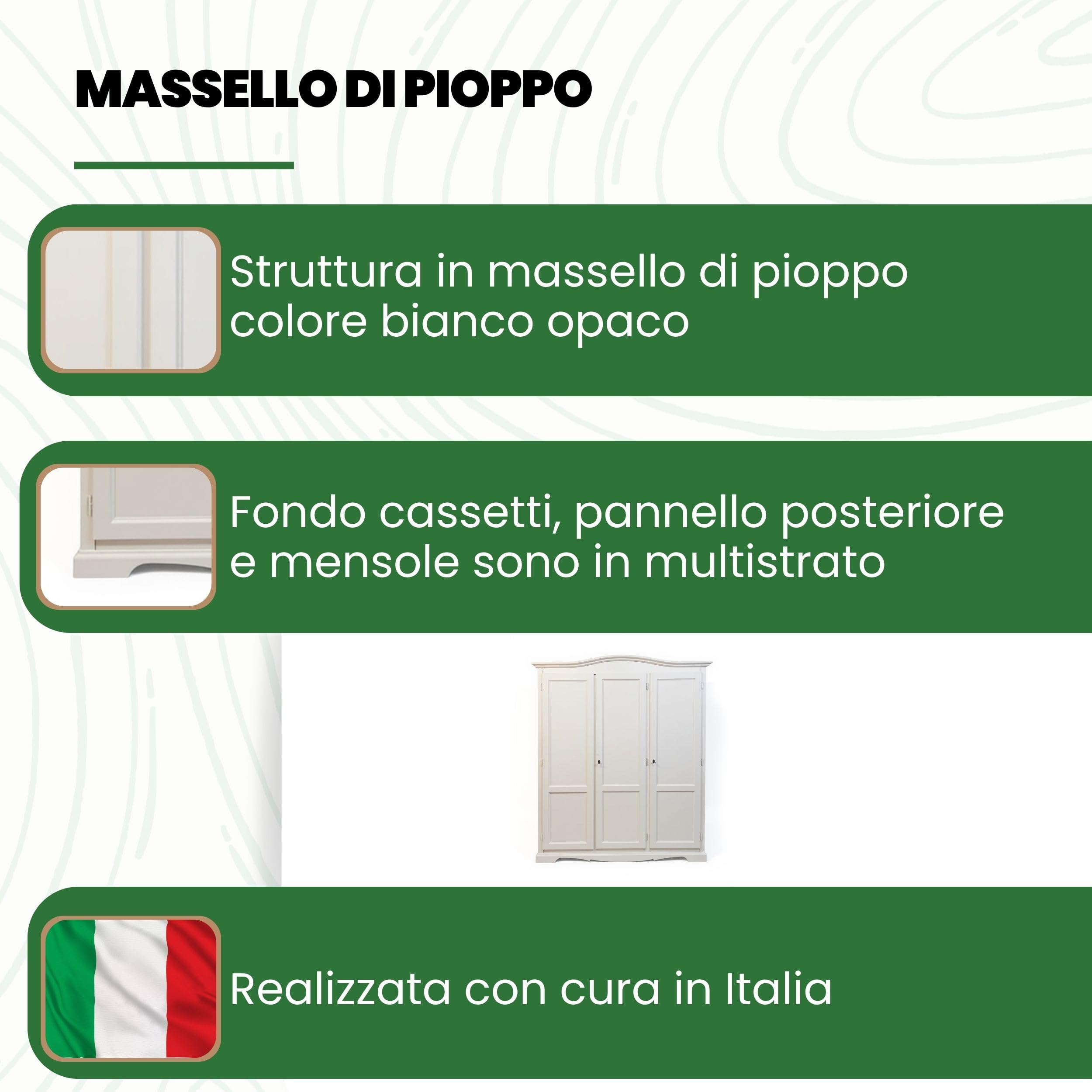 Mar.c.a. Design - Armadio in Legno Massello Arte Povera 158x56x197 cm - 3 Ante con Cappello Gendarme Tondo - Made in Italy