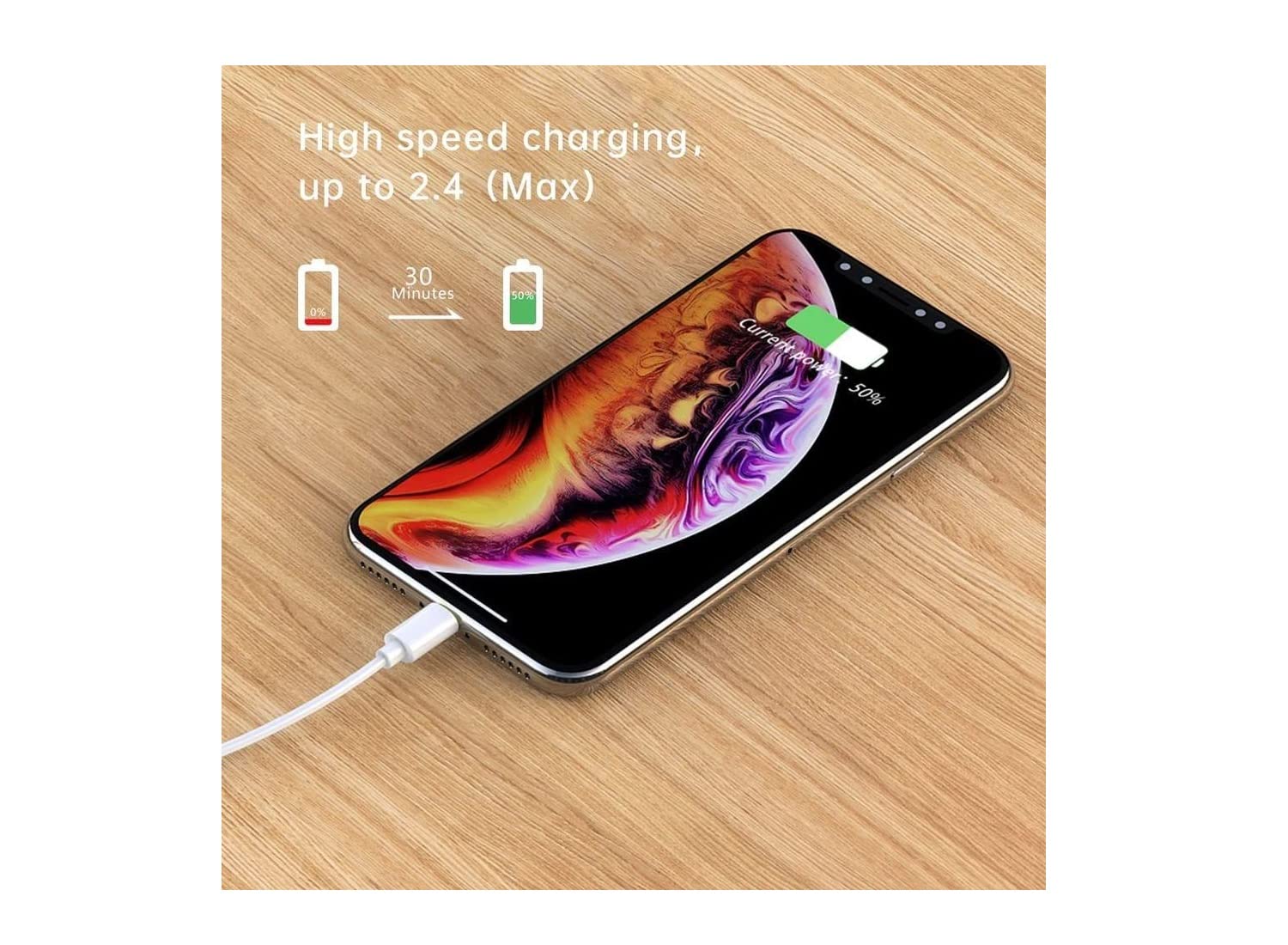 iPhone charging with Uelkdef Lightning cable, showing fast charging capability