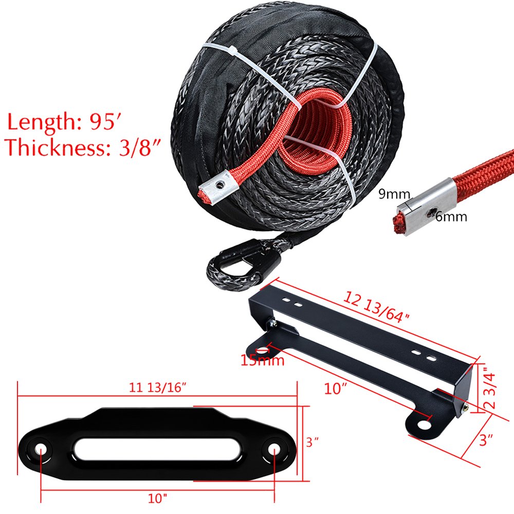 amopacorp 95feet x 3/8 inch Synthetic Winch Rope Guard and 10 inch Hawse Fairlead with 254mm Flip-Up License Plate Holder Kit (Black)