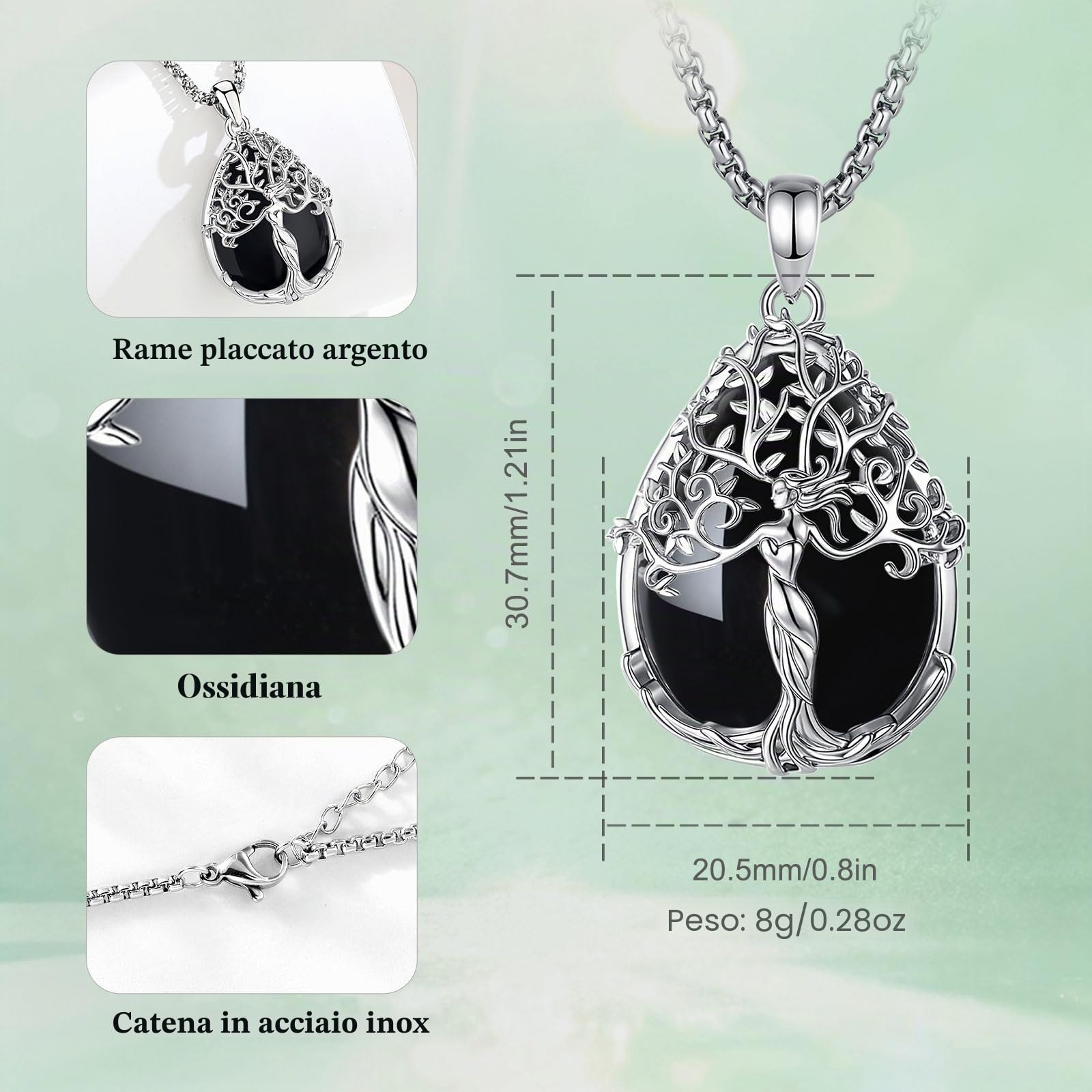 CELESTIA Ciondolo Albero della Vita Collana Donna con Ametista Ossidiana Pietra di Luna Regalo Compleanno, Festa della Mamma