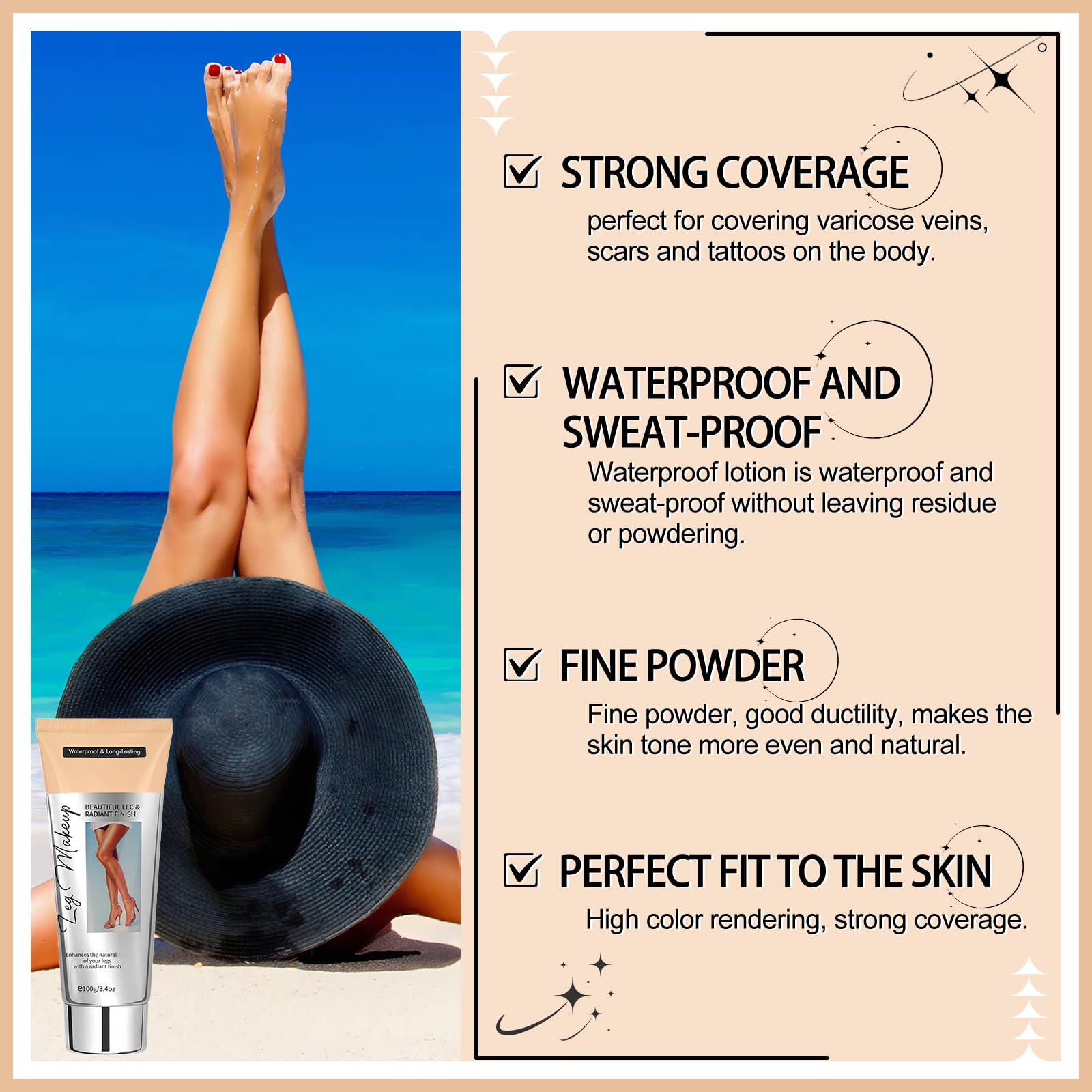 Body Gambe, Trucco impermeabile, copertura perfetta per gambe, copertura per tatuaggi, impermeabile, copertura per tatuaggi per cicatrici di gambe e corpo, texture leggera