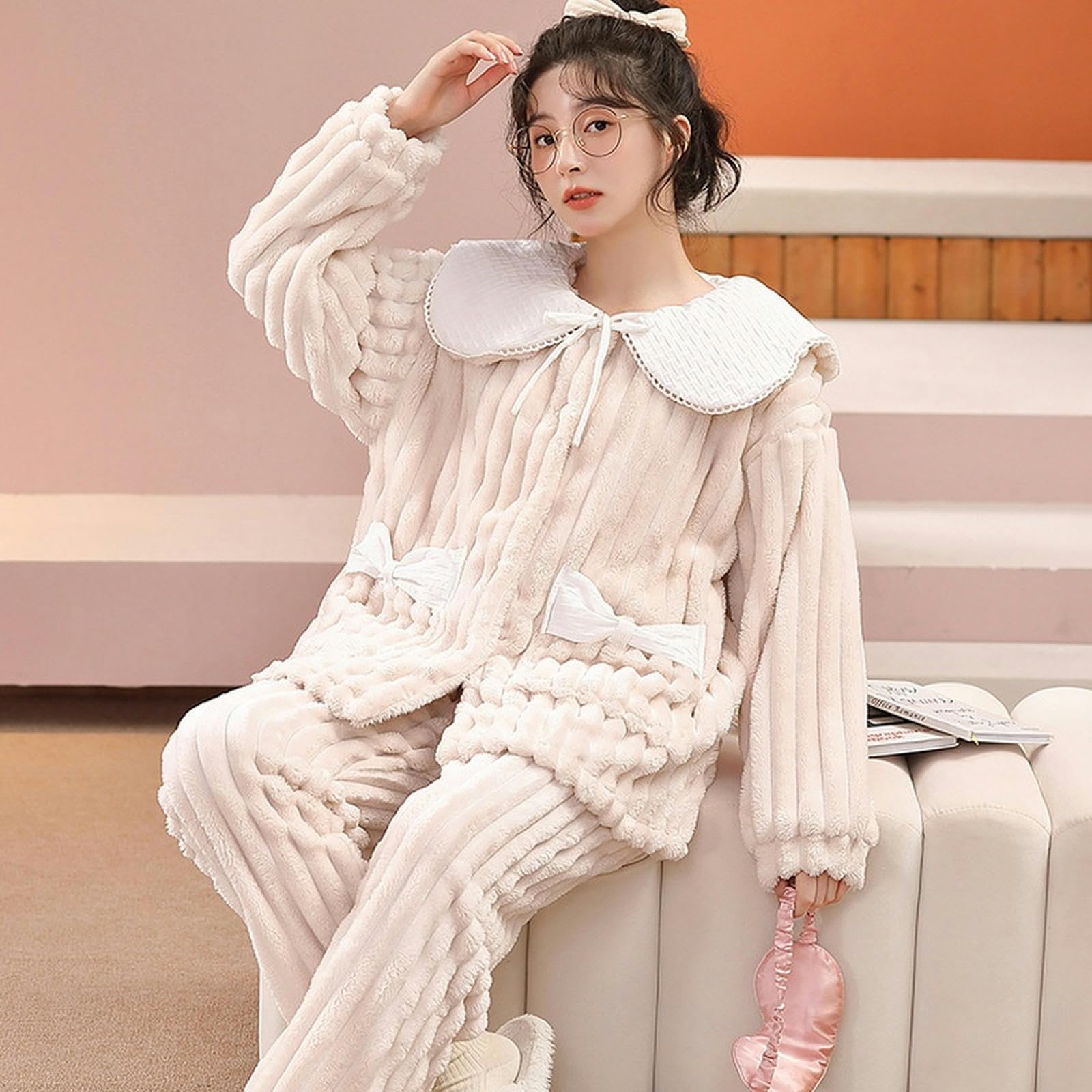 Pigiama Autumn da Donna E Pigiami Invernali Inincassato in Pigiama Dolce può Essere Indossato Fuori da Abiti da Casa Set-in Pelle Rosa-XL (consigliato 120-135 Catties)