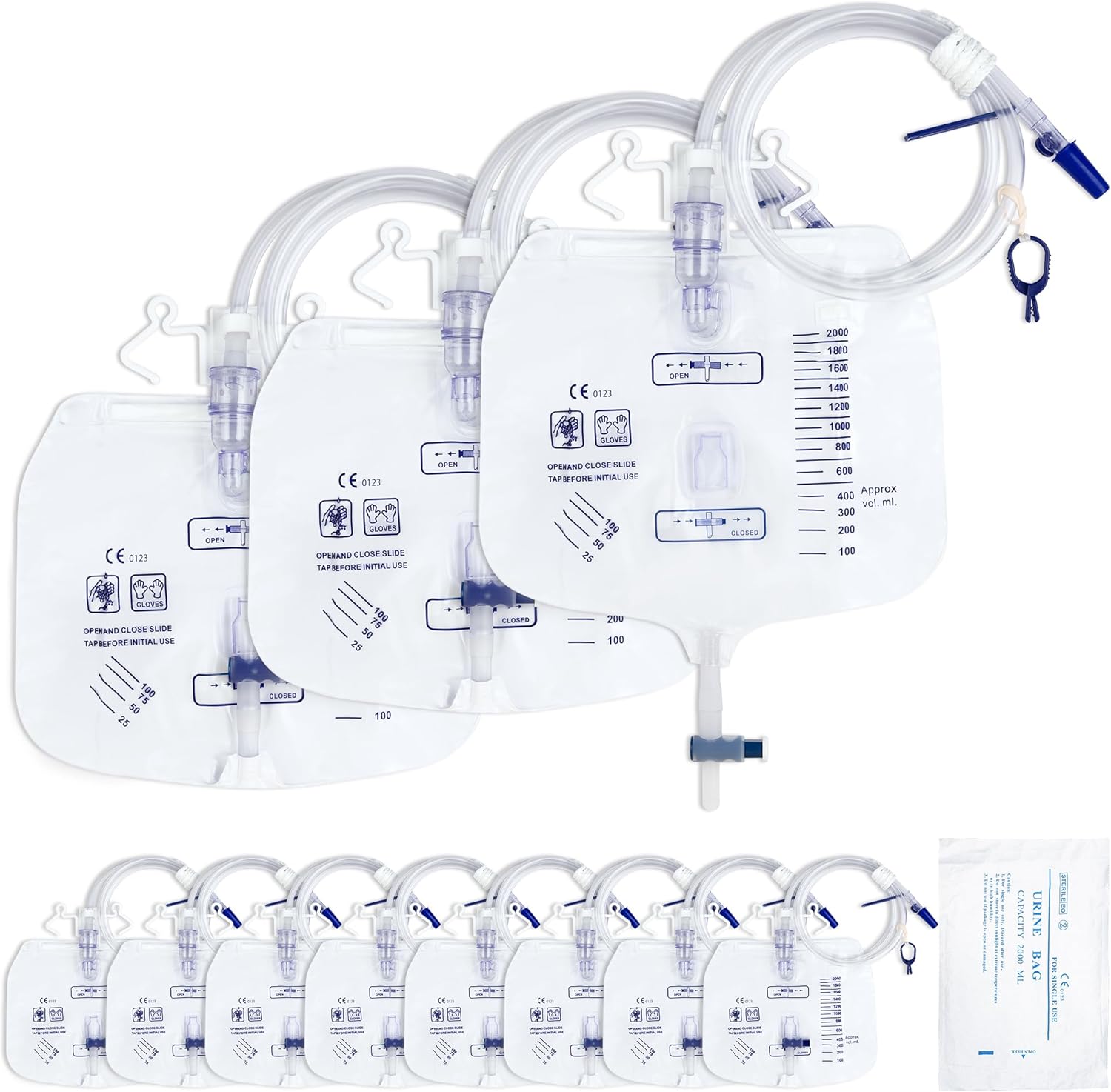 2000mL Sterile Urinary Drainage Bag, 10 Pack Overnight Catheter Bags with Anti-Reflux Drip Chamber, Professional Men Women Urine Bags with 48″ Drainage Tube