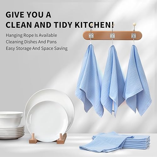 Miniatura 5 de PY HOME & SPORTS Juego de paños de cocina, 100% algodón, 8 piezas, paños de cocina súper absorbentes para secar y limpiar, 13 x 28 pulgadas (azul