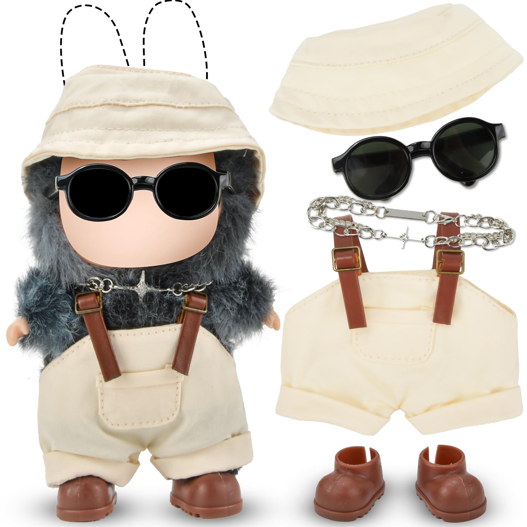 White Doll Clothes Set for 17cm Dolls Pink Push Toy Outfit Accessories with Romper,Bucket Hat, Shoes, Cross Necklace
