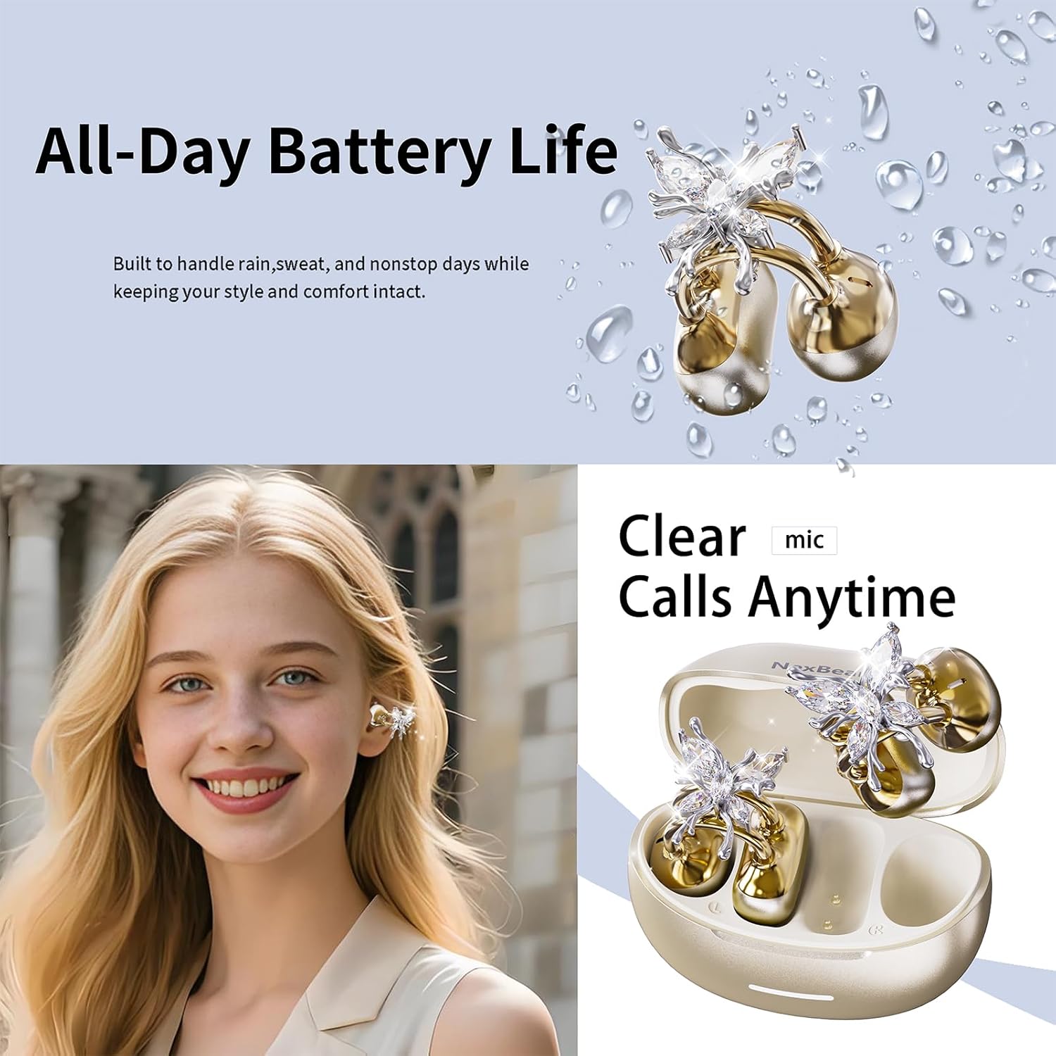 Clip-On Earbuds with Crystal Earrings, Secure Fit & 50H Playtime, Open Ear Bluetooth 6.0 Headphones, ENC Noise Cancelling, IP56 Waterproof, for Women & Small Ears