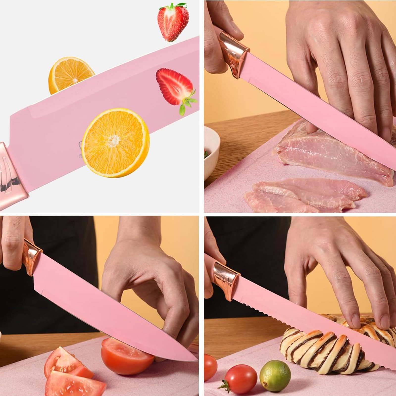 Justup Set di coltelli con blocco portacoltelli, set di coltelli da cucina rosa con blocco, 19 utensili da cucina con 6 set di coltelli e 11 spatola in silicone, utensili da cucina antiaderente con