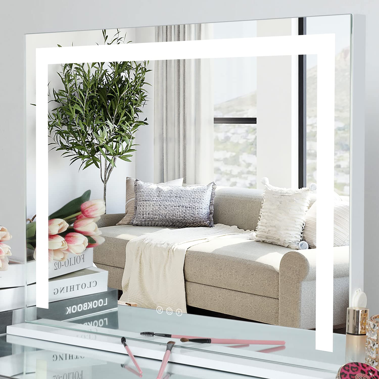 AMST Hollywood Vanity Mirror with Lights, Lighted Makeup Mirror with Dimmable LED Bulbs, 3 Color Lighting Modes, Tabletop & Wall Mounted Mirror with USB Outlet & Smart Touch Control, L22.8 x H18.2